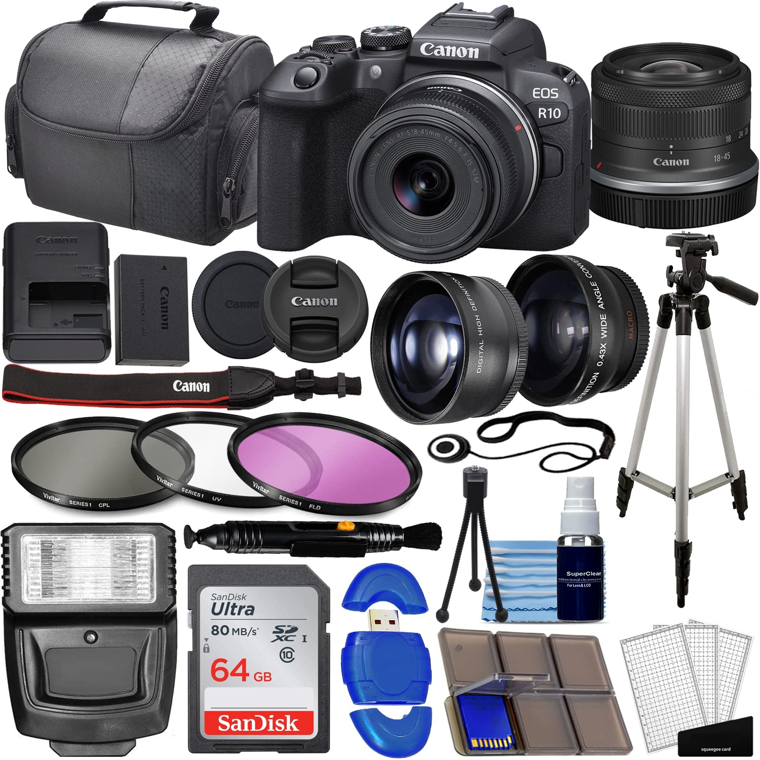 Canon EOS R10 Mirrorless Camera w/RF S 18 45mm f/4.5 6.3 is STM Lens + Wide Angle Lens + Telephoto Lens + 64GB Memory + Filter Kit + Case + Flash + Tripod + More (37pc Bundle), Black