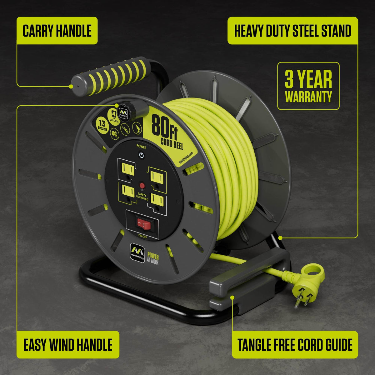 Masterplug Wind Handle Masterplug 80Ft Cord Reel, Retractable Extension Lead With Winding Han ...