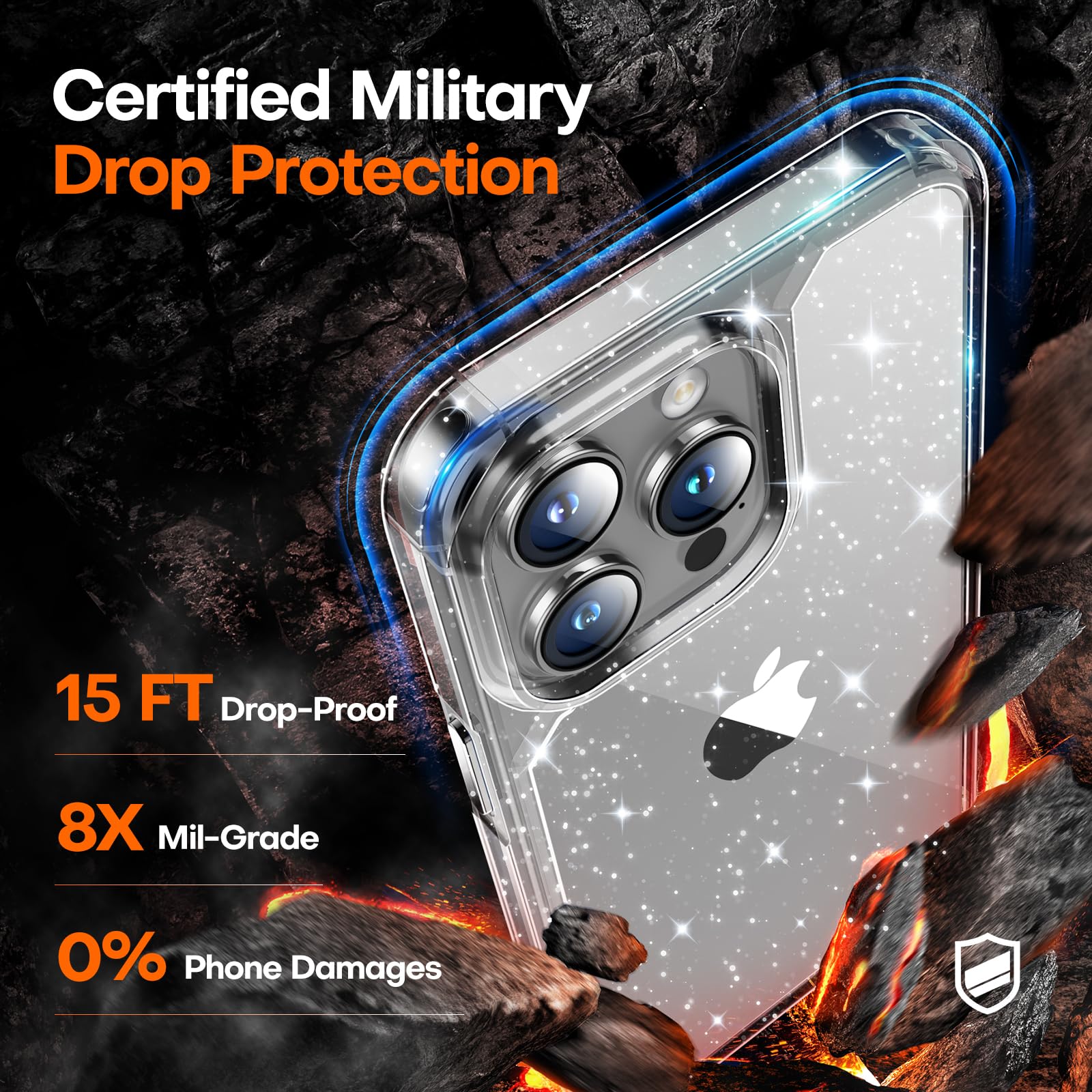 Tauri 3 In 1 For Iphone 15 Pro Case Glitter, [Not Yellowing] With 2X Screen Protector, [Military Grade Drop Protection] Bling Cu