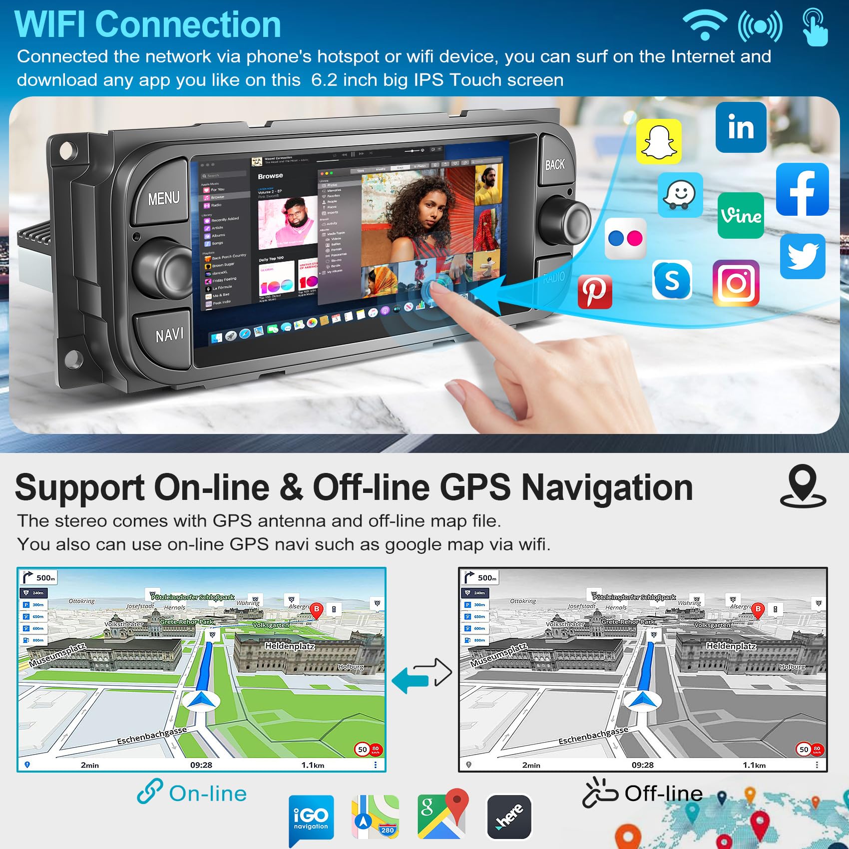 2+32G Car Radio For Chrysler Dodge Jeep Wrangler Grand Cherokee, 6.2 Inch Car Stereo Built In Apple Carplay Android Auto,Gps Nav