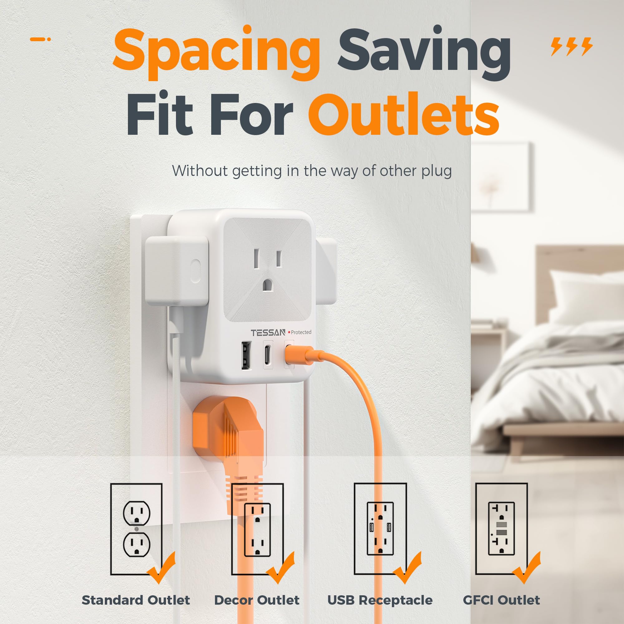 Usb Multi Plug Wall Outlet Splitter, Tessan Surge Protector 4 Outlet Extender With 3 Usb Charger Blocks(2 Usb C), 3 Sided Multip