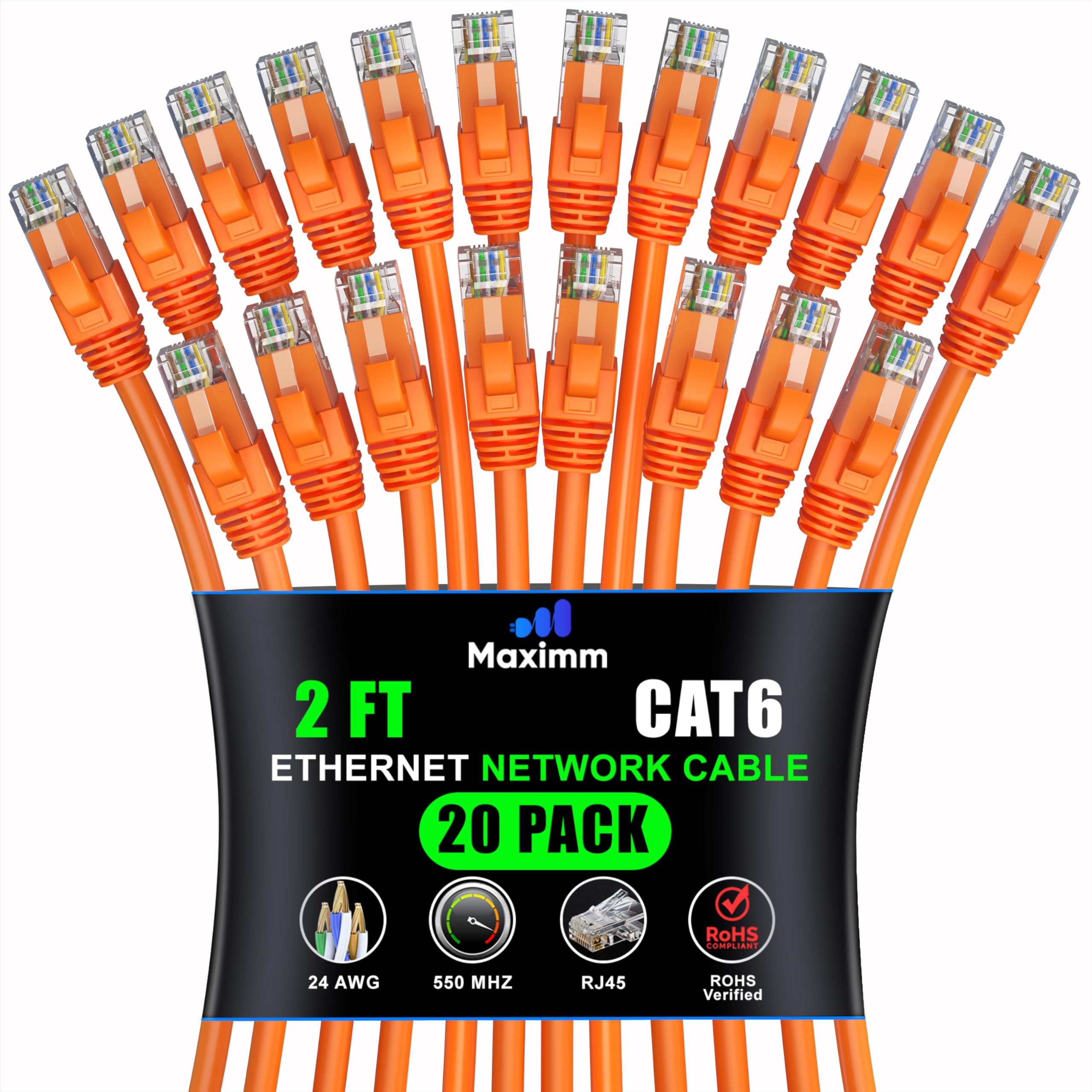 Maximm Cat 6 Ethernet Cable 2 Ft (20 Pack)   High Speed Lan Cable, Internet Cable, Patch Cable, And Network Cable   Utp, 10Gbps, 550Mhz Ethernet Cord   Orange