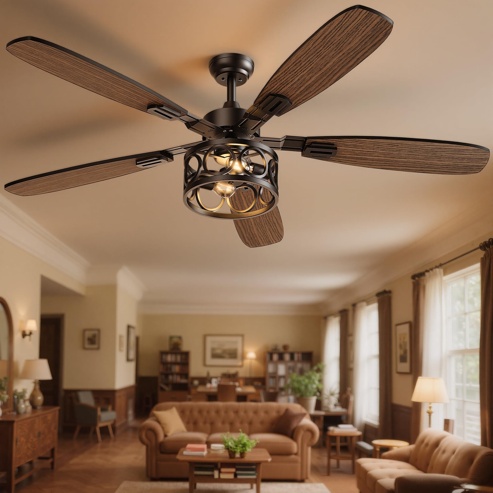 Ceiling Fans with Lights and Remote, 42 Vintage Caged Ceiling Fan with Light, 5 Blades, 6+1 Speed, Flush Mount Ceiling Fan Whi