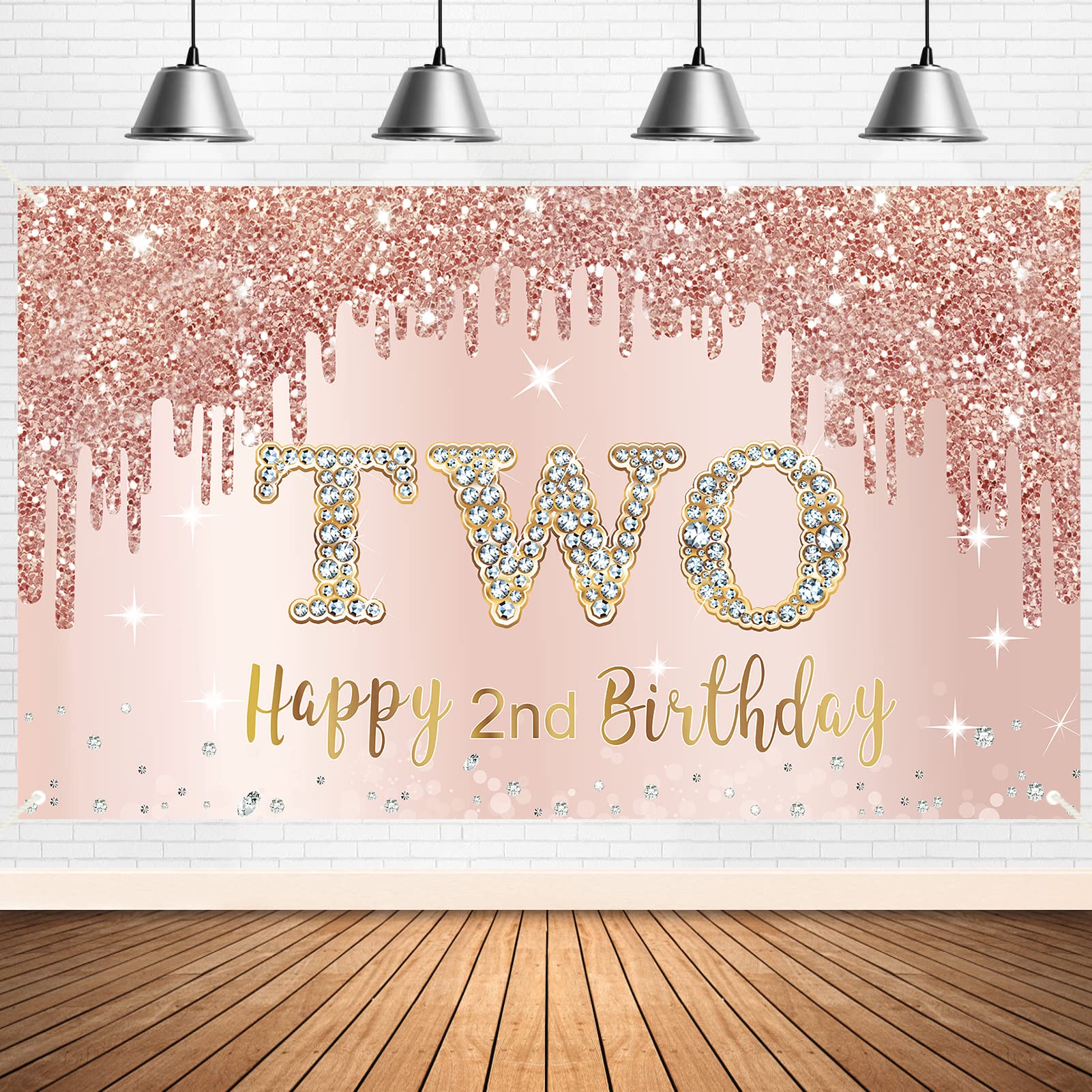 2Nd Birthday Banner Backdrop Decorations For Girls, Rose Gold Happy 2 Year Old Birthday Sign Party Supplies, Pink Second Birthda