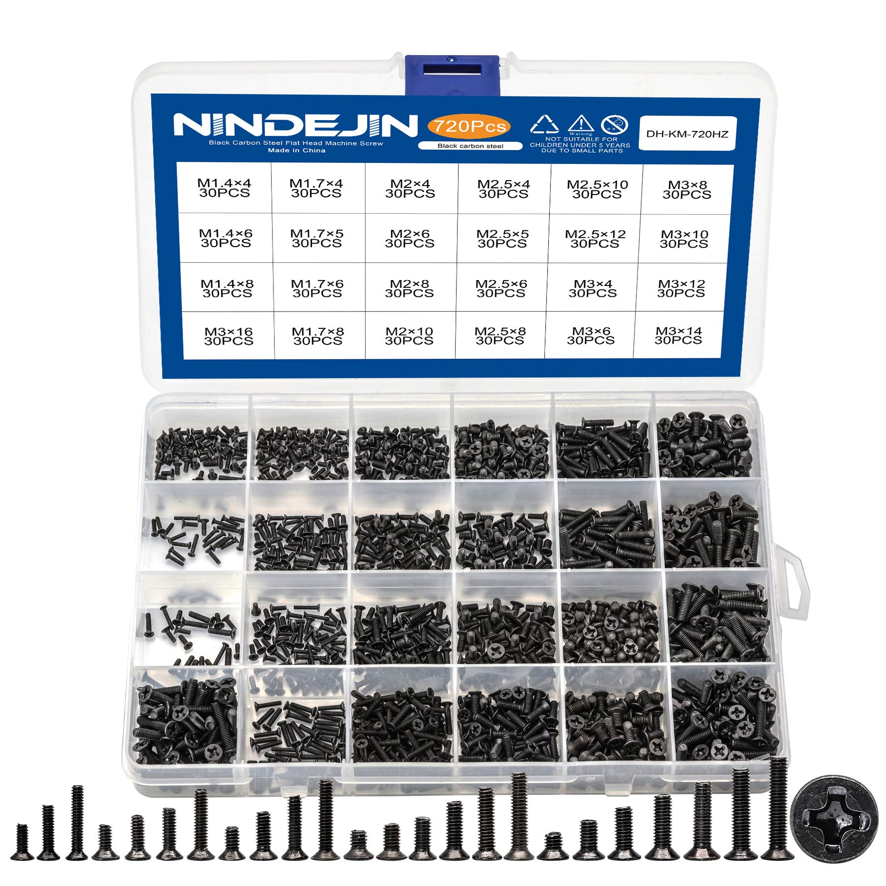 Nindejin 720 Pcs Laptop Notebook Computer Carbon Steel Screws Kit Set, Flat Head Phillips Screw Assortments, M1.4/1.7/2/2.5/3 Co