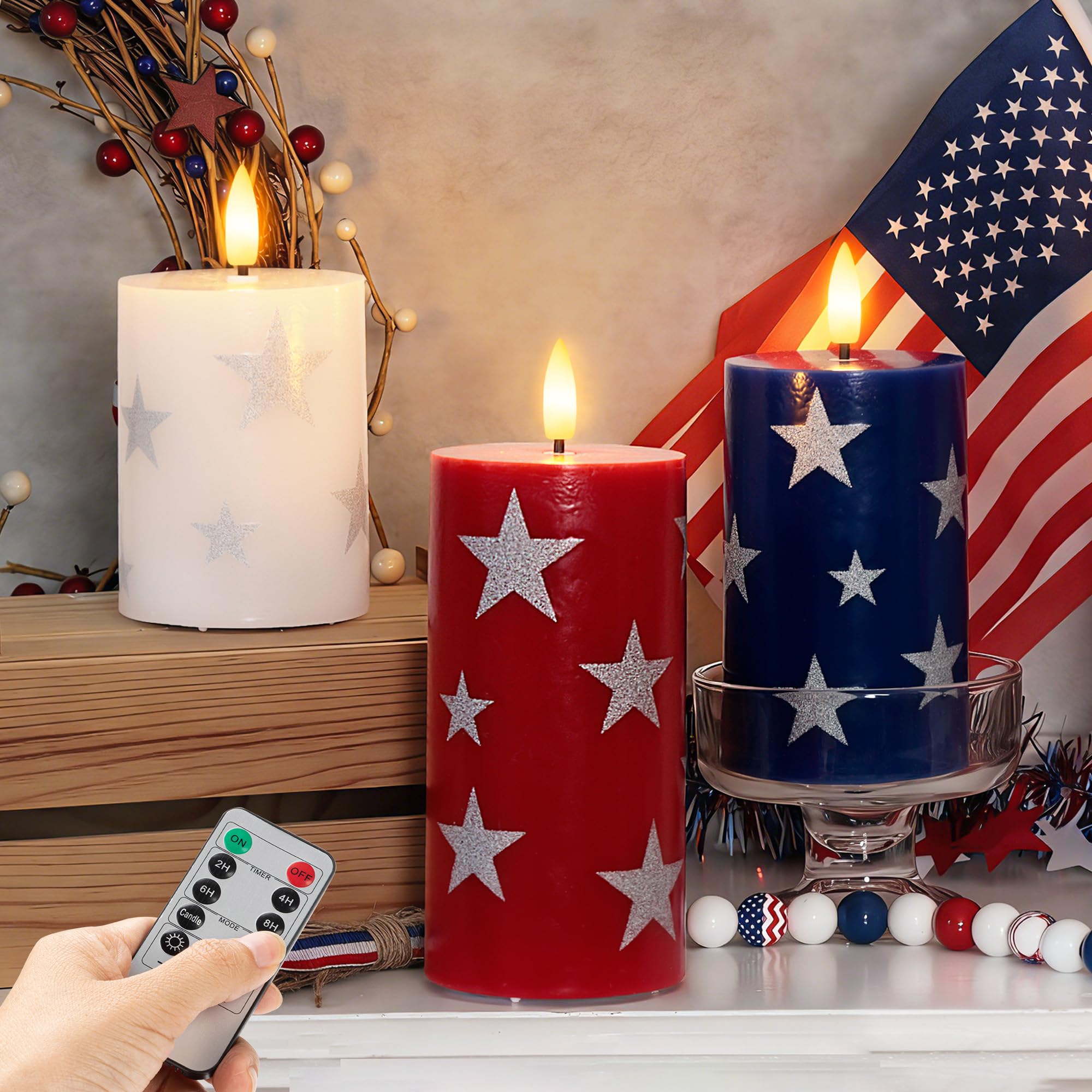 4th of July Flameless Pillar Candles with Remote, 250th Anniversary Patriotic Red White and Blue Battery Operated Candle with St