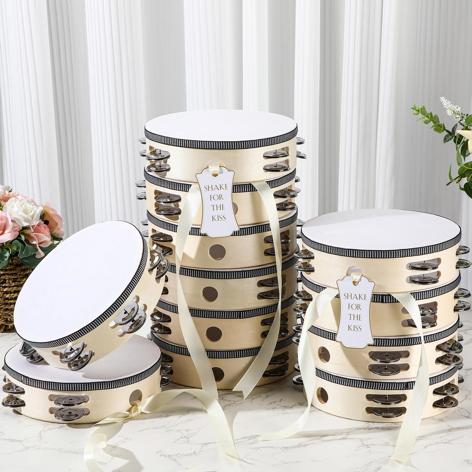 Lukmaa 12 Set 8 Inch Tambourine For Adults Tambourines Bulk Wooden Hand Held Drum With Metal Jingles, Gift Tags, Ribbon Percussi