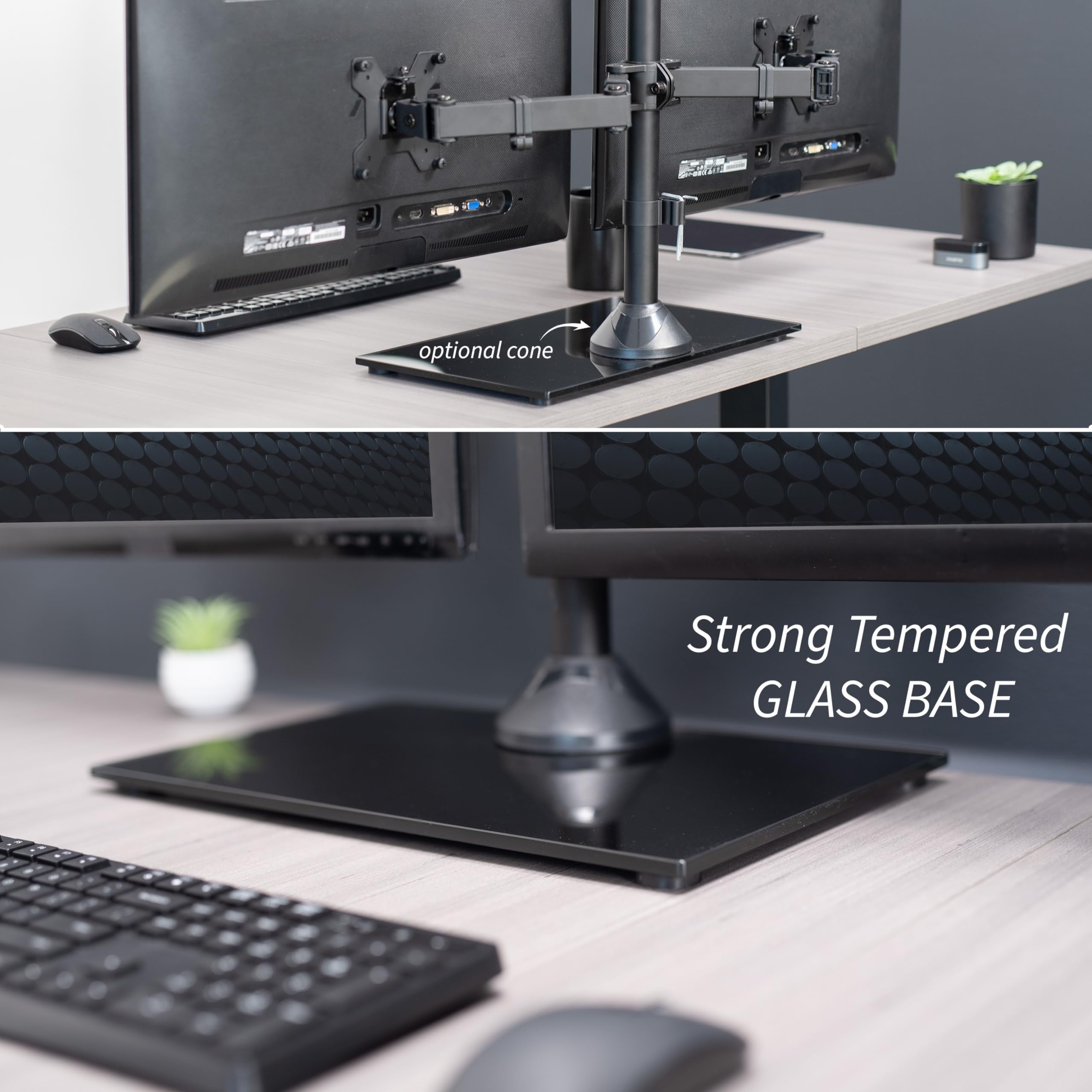 VIVO Freestanding Dual Monitor Stand with Sleek Glass Base and Adjustable Arms, Mounts 2 Screens up to 32 inch and 22 lbs Each, Black, STAND V002FG