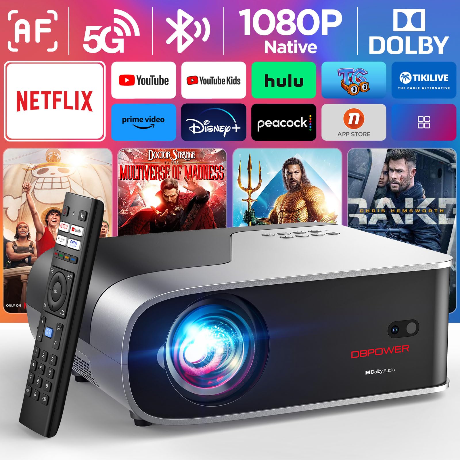 [Netflix Officially/Ai Auto Focus] Smart Projector With Wifi And Bluetooth,Dolby Audio,Dbpower Native 1080P Projector With Apps Built In Netflix/Hulu/Disney+/Peacock, 600Ansi Movie Projector