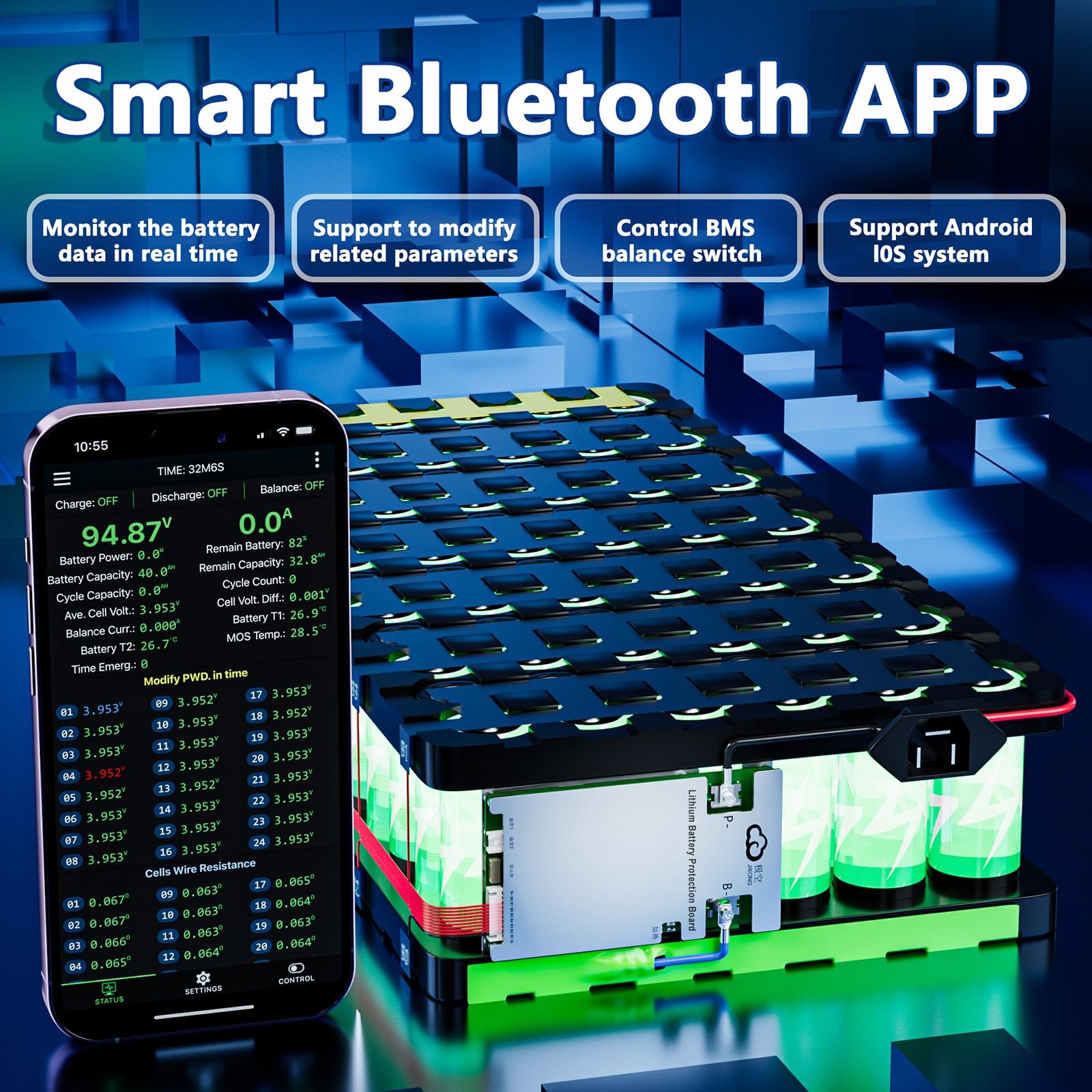 Jkbms Smart Bms 4S 8S 12V 24V 100A 1A Active Balance Build In Bluetooth With Can Rs485 Pcb Battery Protection Board For Lifepo4