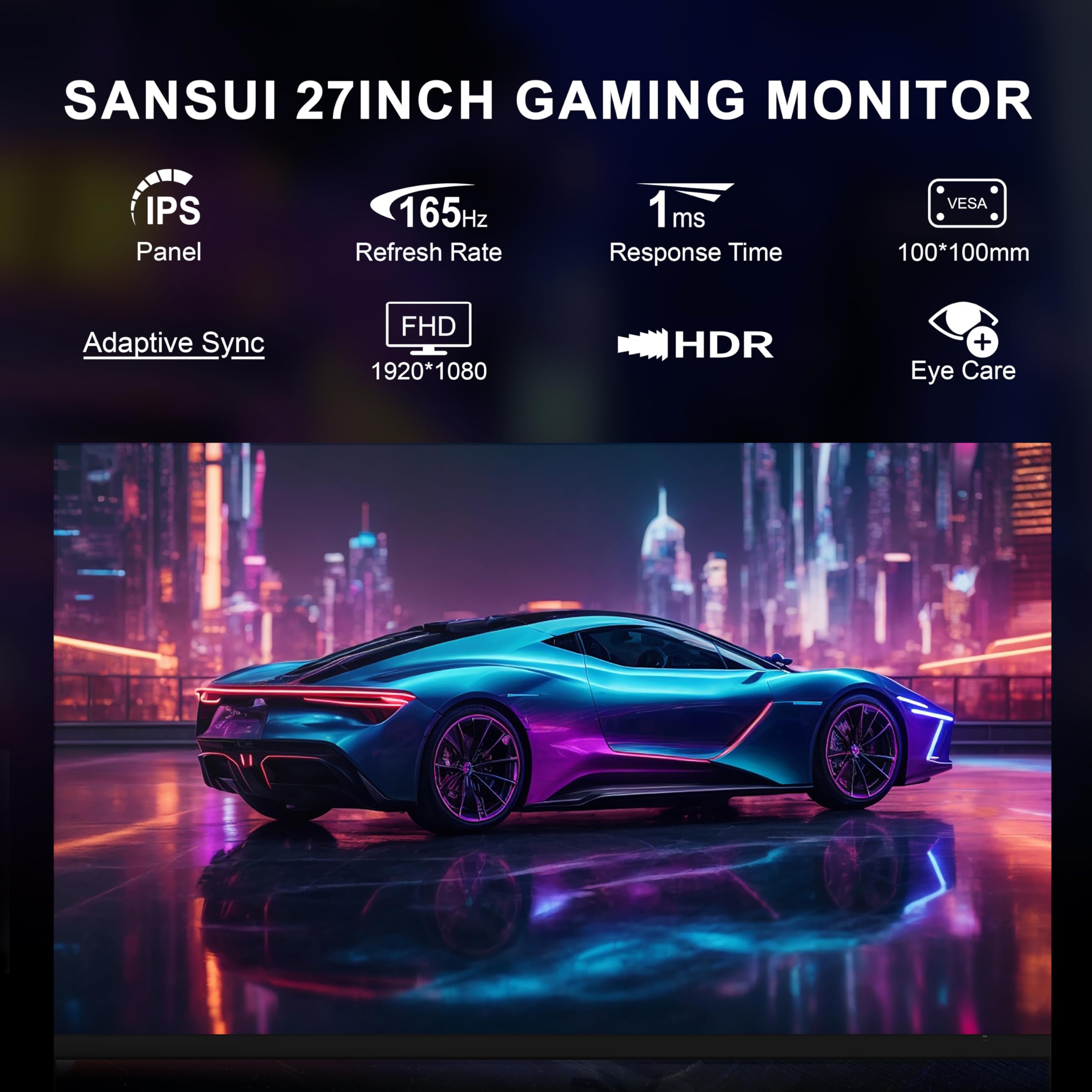 Sansui 27 Inch Gaming Monitor 165Hz 1Ms Computer Monitor With Built In Speakers Fhd 1080P Adaptive Sync 100% Srgb Dpx1 Hdmix2 Po