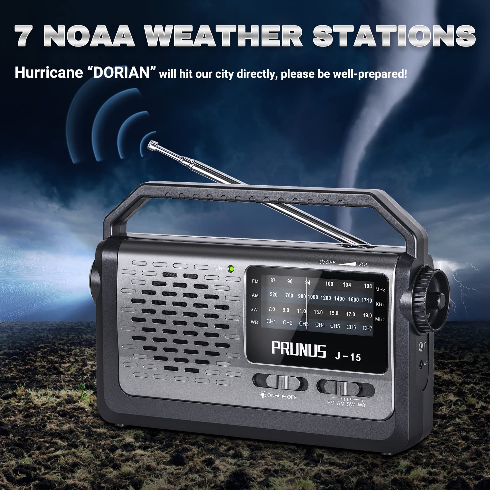 Noaa Weather Am Fm Portable Radio With Best Reception,Flashlight, Earphone Jack,Battery Operated Radio By 3X D Cell Batteries Or Ac Power For Ice Storms Emergency Use,Plug In Wall By Prunus J15Wb