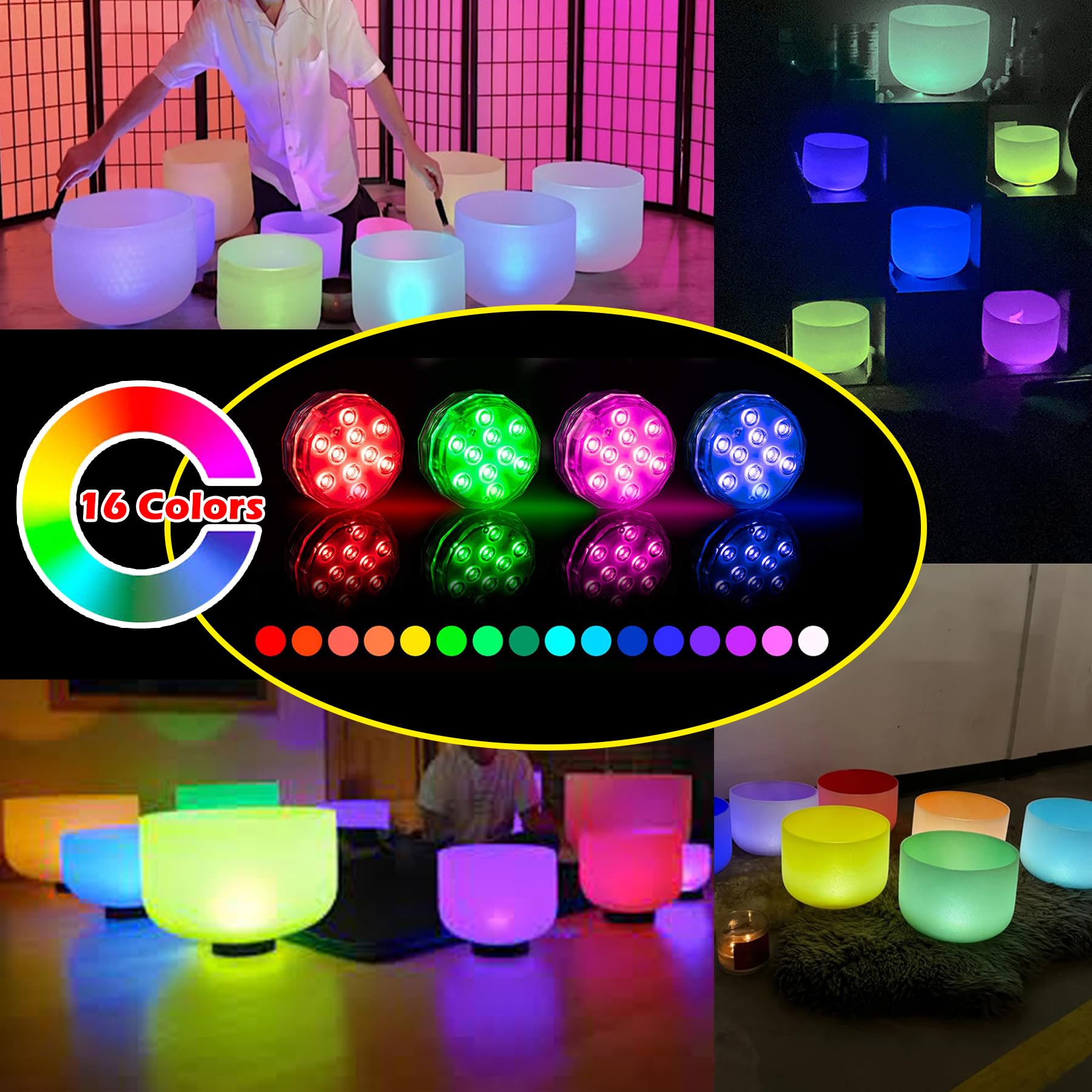 7-Pack Led Lights For Crystal Singing Bowl Set, (16 Color) Rgb Multi-Color Changing Crystal Singing Bowl Lights With Remote Cont