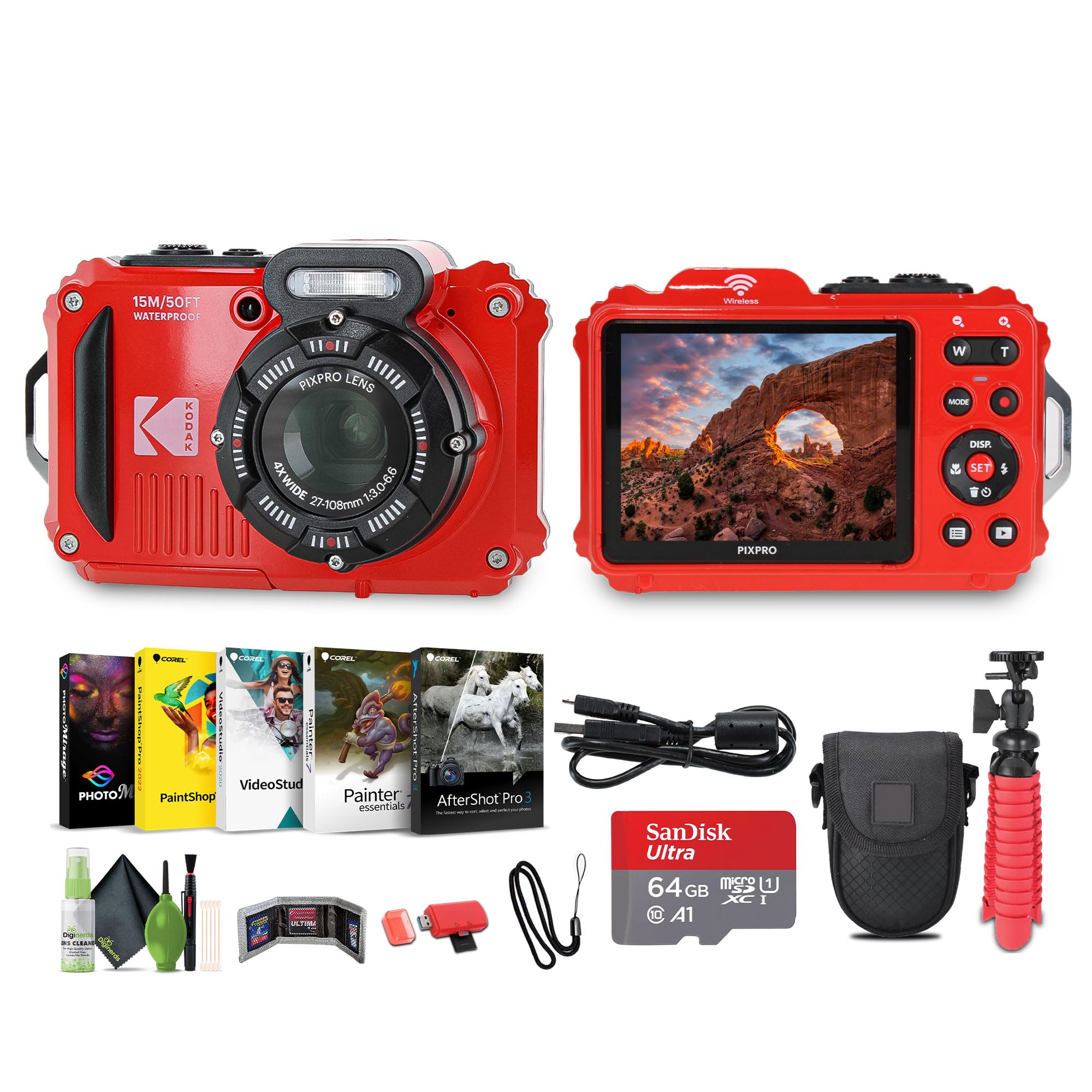 KODAK PIXPRO WPZ2 Rugged Waterproof Shockproof Dustproof WiFi Digital Vlogging Camera 16MP (Red) Bundle with 64GB Memory Card + 