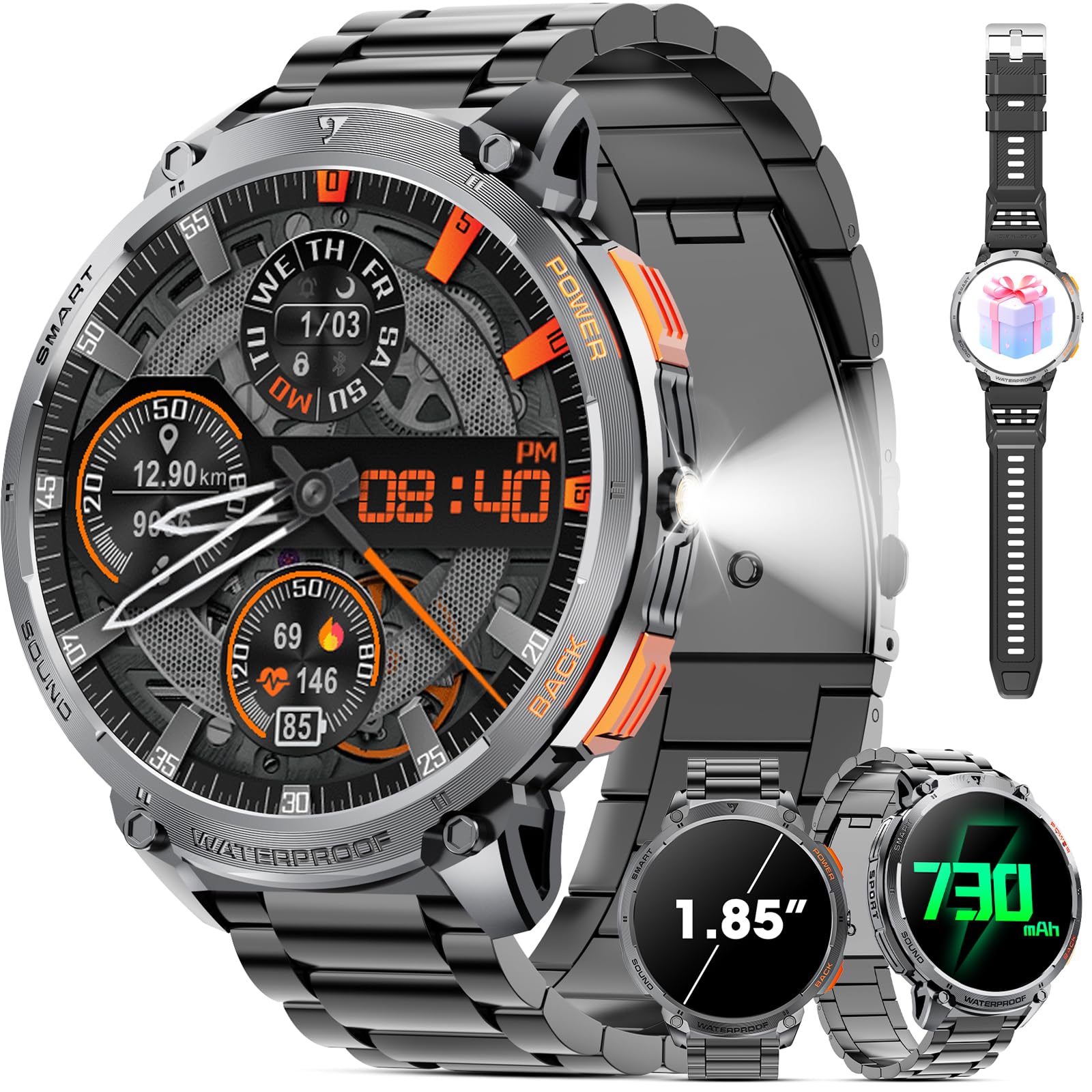 Military Smart Watch For Men 1.85'' Hd Touch Screen 730Mah Battery Smart Watches With Led Flashlight For Android Ios (Bluetooth 