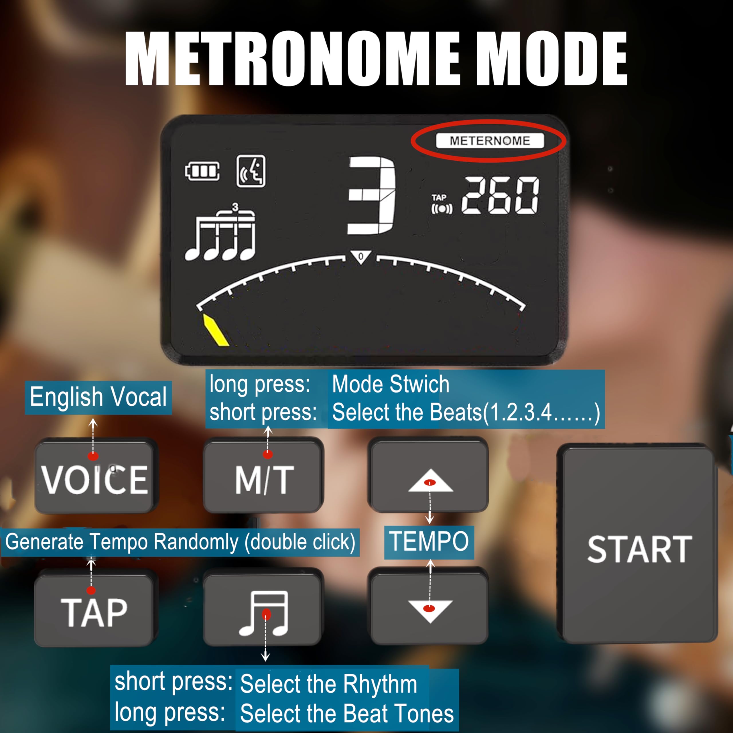 Metronome Tuner,Metronome&Tuner,&Tone Generator 3 In 1, Fast And Accurate Tuning, Three Beat Sound,English Vocal Counting Beat,B