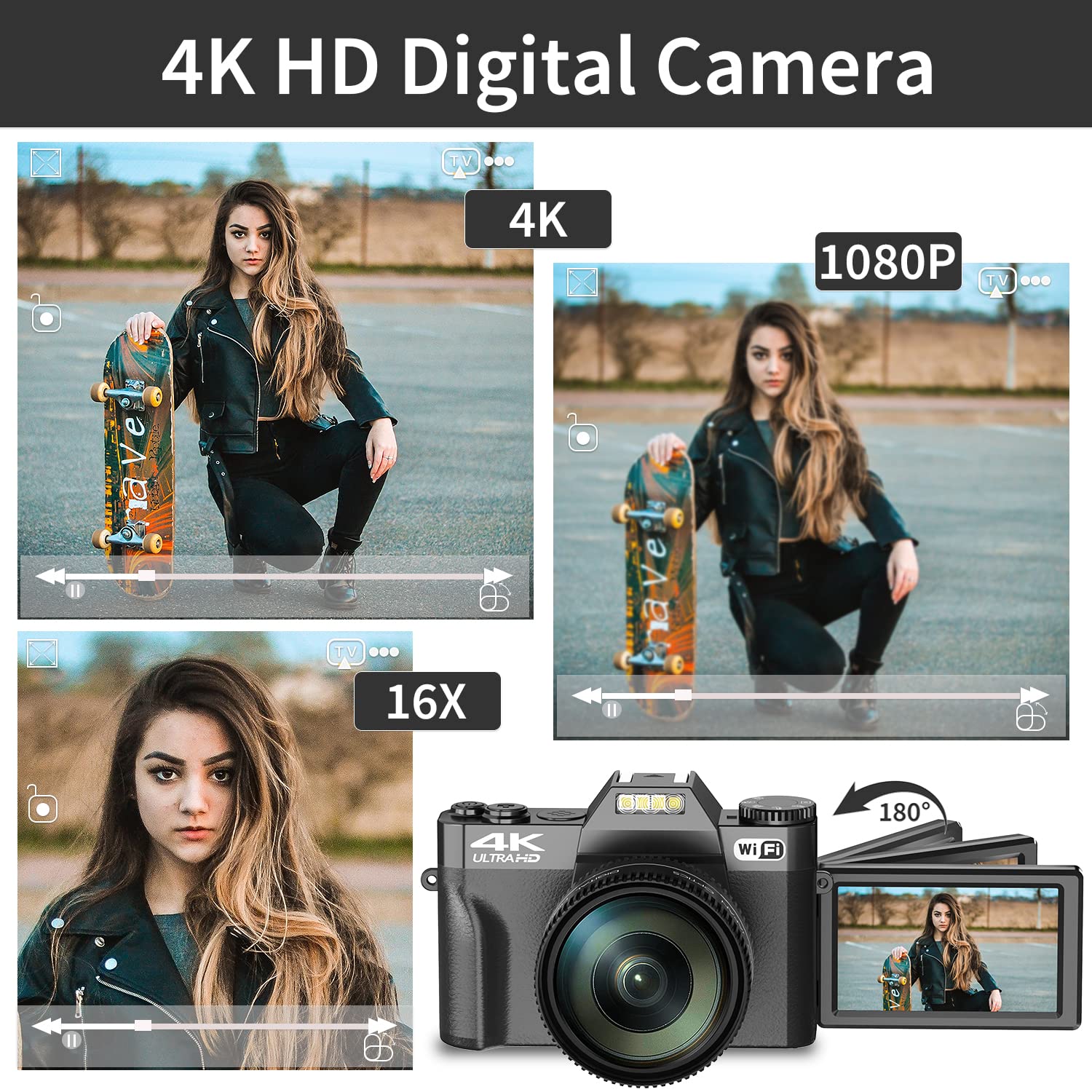 Digital Camera For Photography, 4K 48Mp Vlogging Camera For Youtube With Wifi, 3 Inch 180 Degree Flip Screen, 16X Digital Zoom,