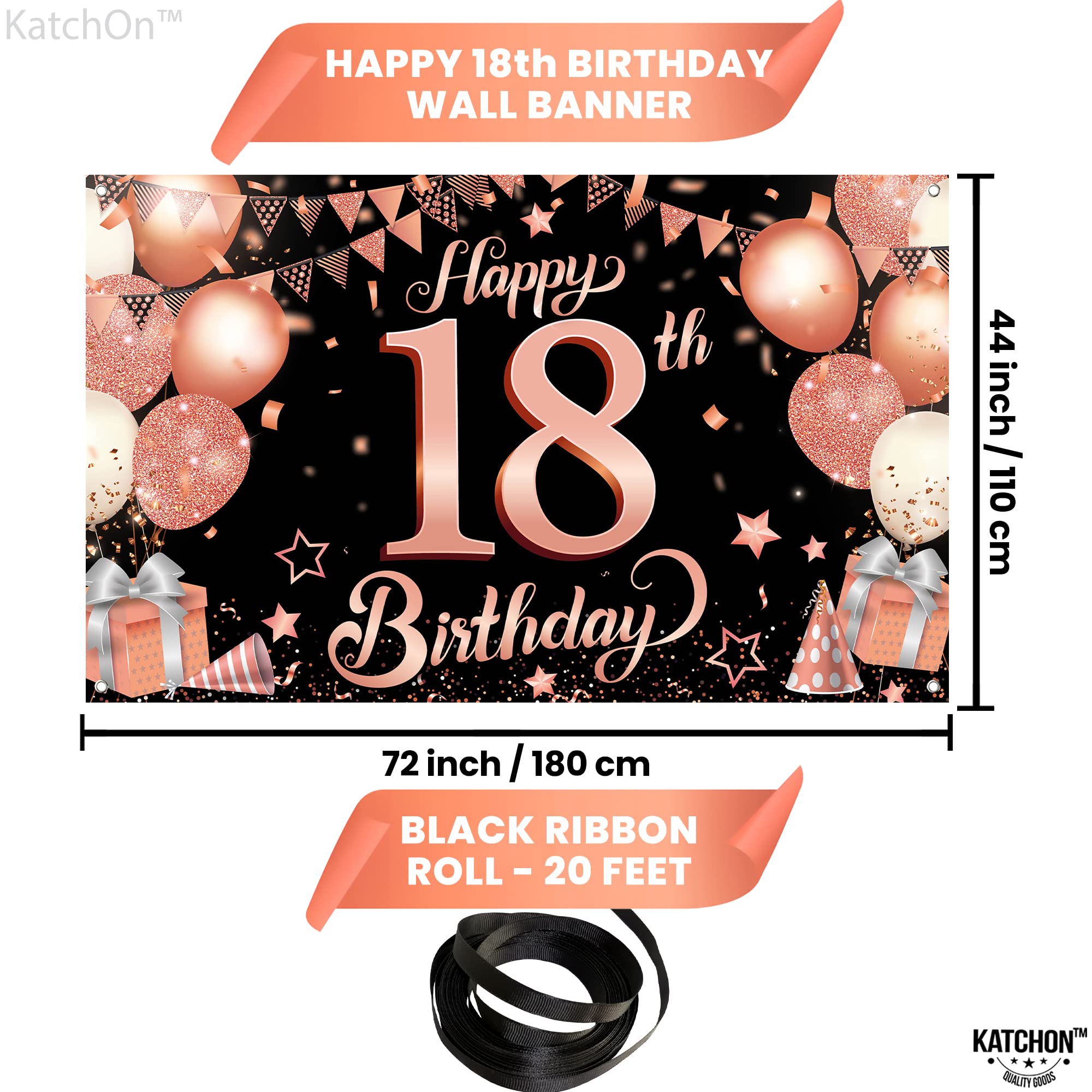 Katchon, Rose Gold Happy 18Th Birthday Banner   Large, 72X44 Inch | Rose Gold And Black Happy 18Th Birthday Decorations For Girl