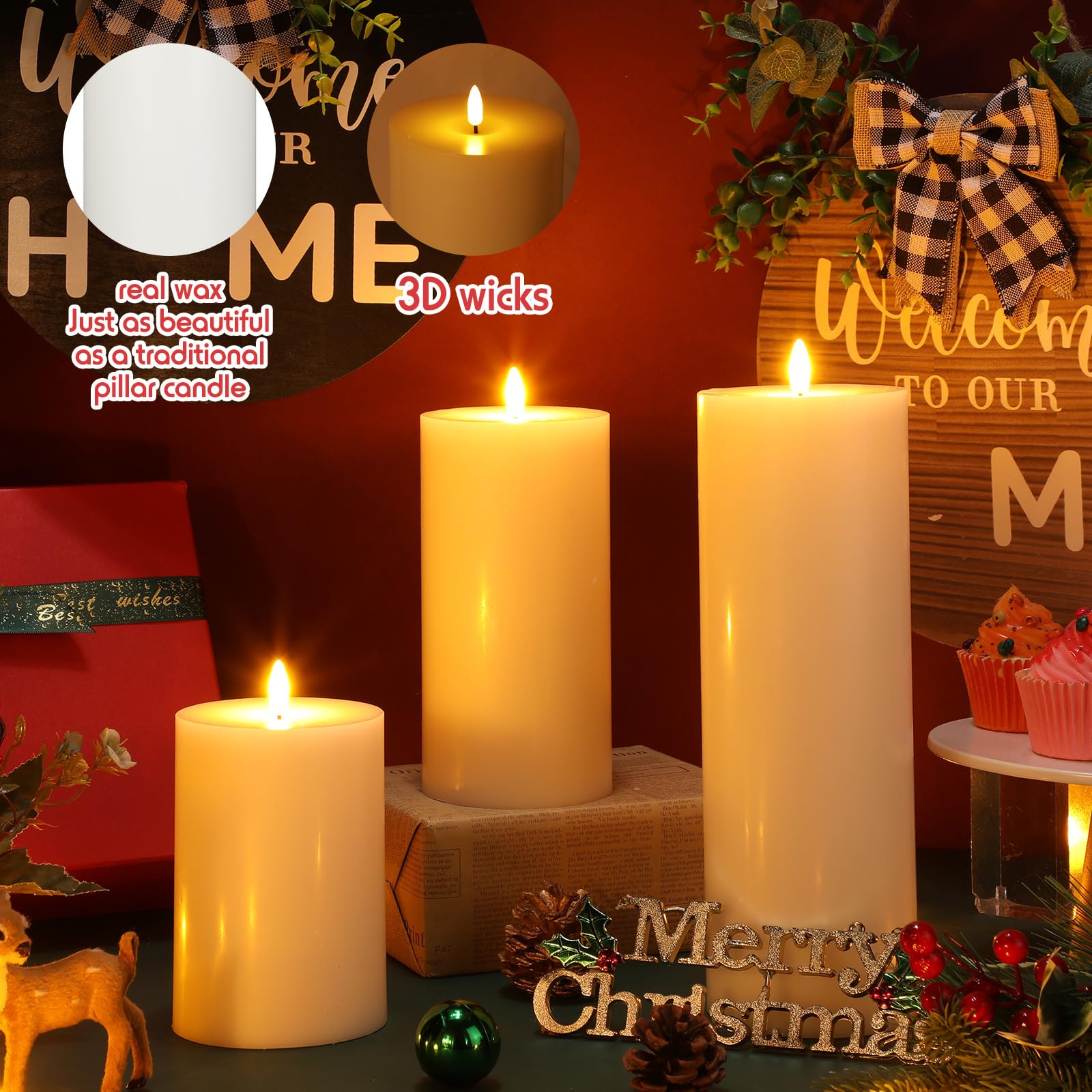 Retisee 3 Pcs Large Flameless Led Battery Operated Candles With Remote Waterproof Real Wax Candles For Indoor Outdoor Party Wedd