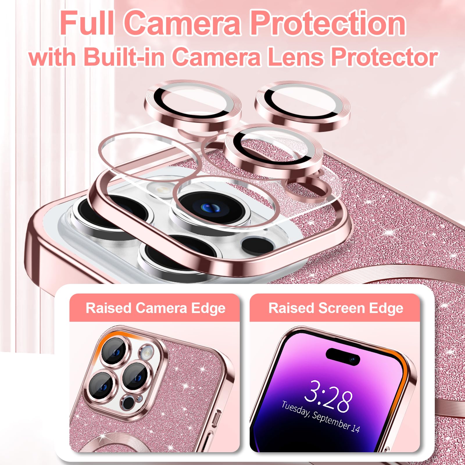 Hython For Iphone 14 Pro Max Case Glitter, Clear Magnetic Phone Cases With Camera Lens Protector [Compatible With Magsafe] Bling