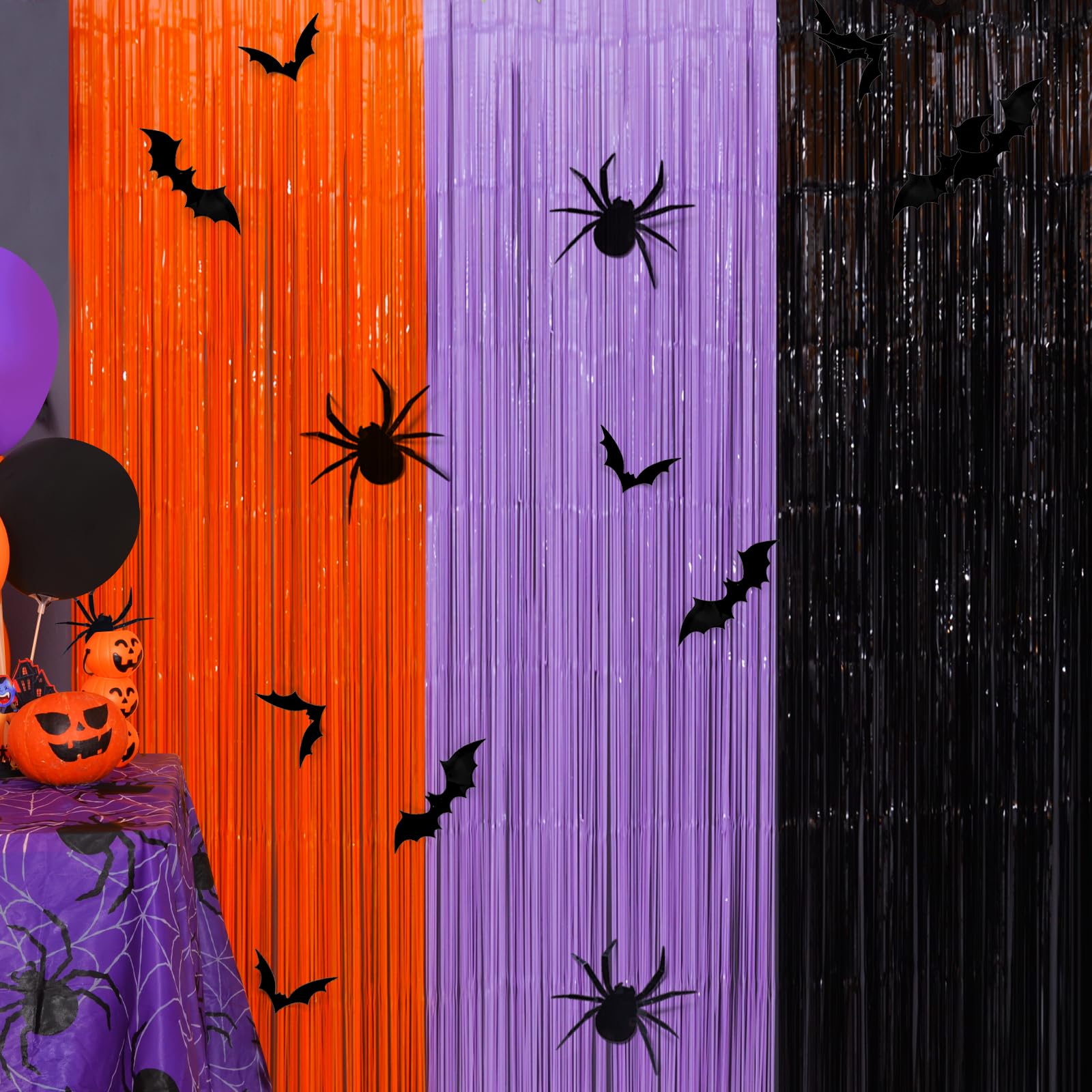 Mega L Halloween Foil Fringe Curtains, 3 Pack Orange Purple Black Photo Booth Props, 18 Pcs Pvc Bat And Spider Stickers Decals W