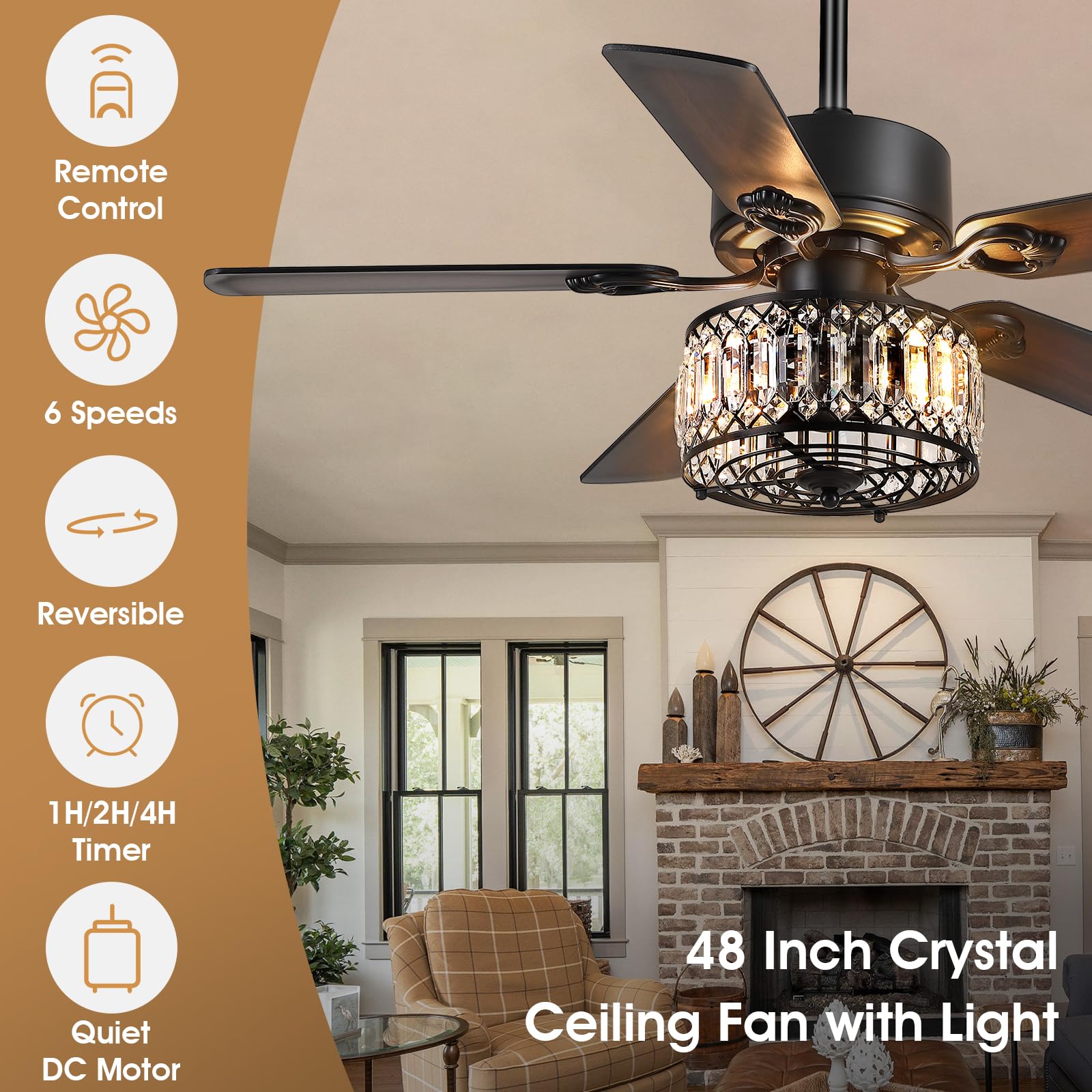 Kviflon Chandelier Ceiling Fans With Lights, Crystal Ceiling Fan With Remote, 48 Inch Farmhouse Fandelier Ceiling Fan For Living