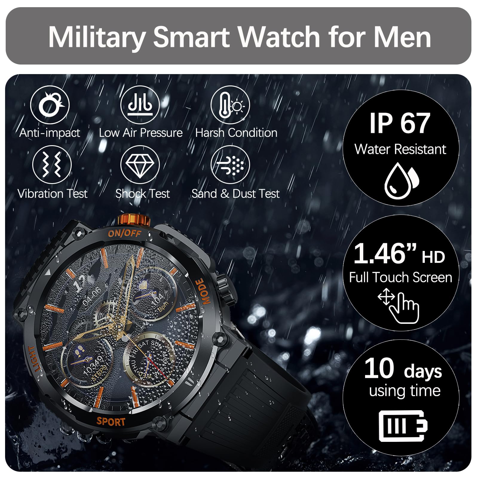 Military Smart Watch For Men Answer/Make Call, Outdoor Waterproof Tactical Sports Smartwatch With Led Flashlight Compass, Heart
