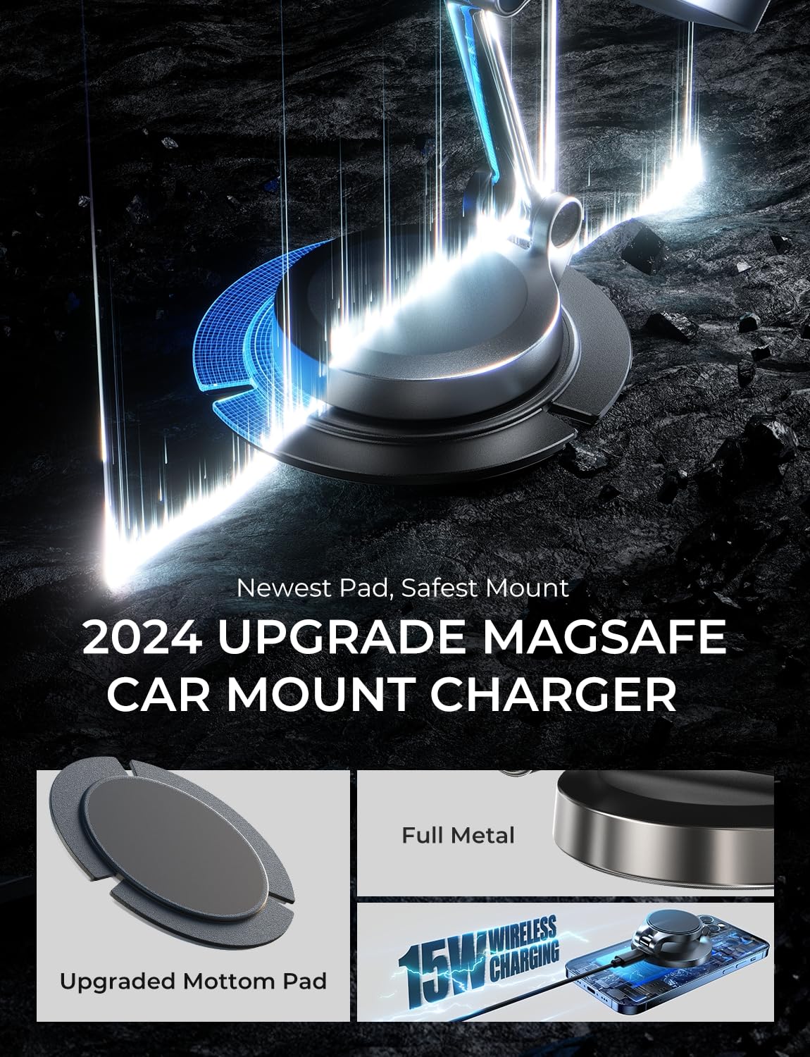 Lisen For Magsafe Car Charger, 15W Ultra Magnetic Car Phone Holder, For Magsafe Car Mount Charger Metal Dashboard Cell Phone Car