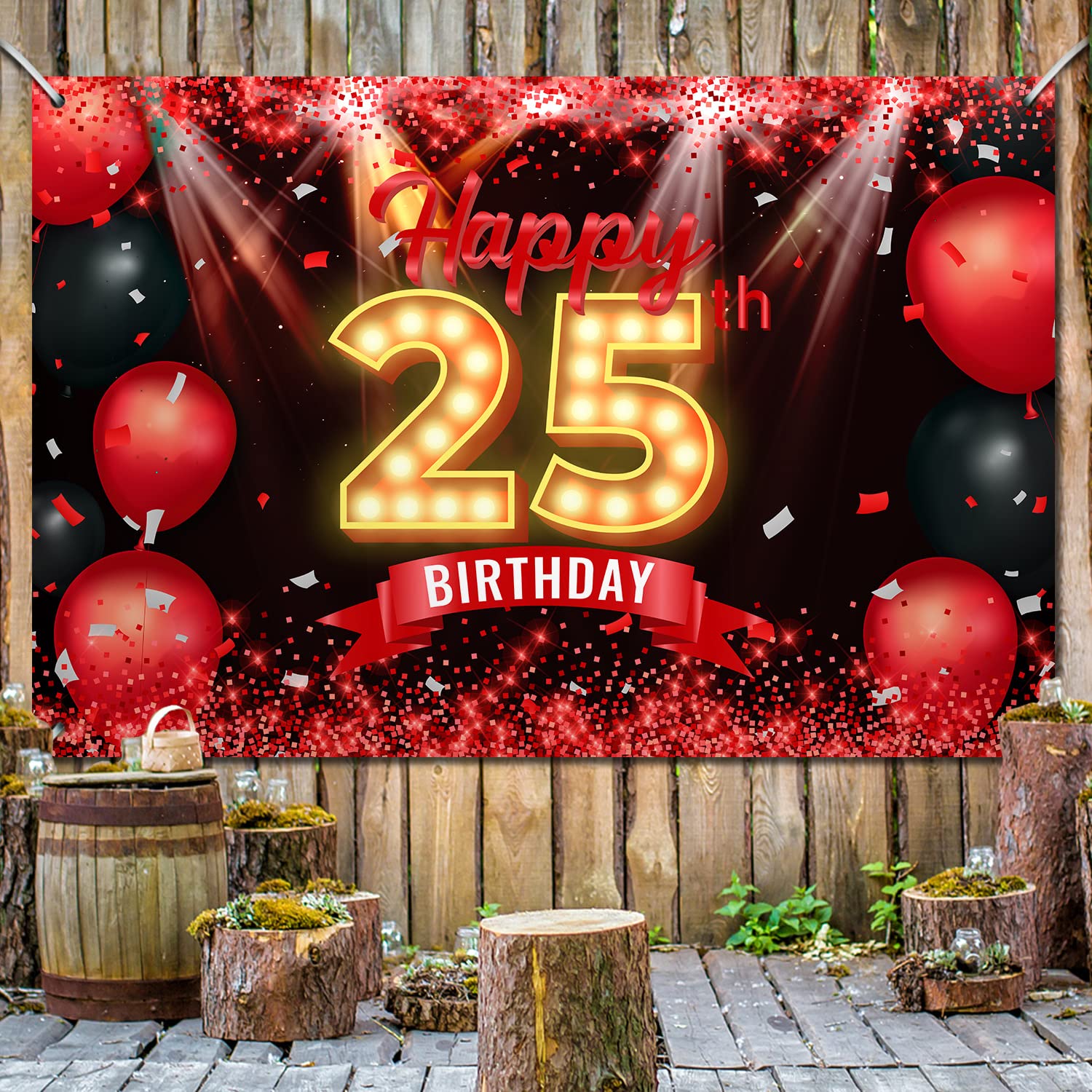 Happy 25Th Birthday Banner Backdrop Red And Black 25 Years Old Background Bday Decorations For Women Men Photography Party Suppl