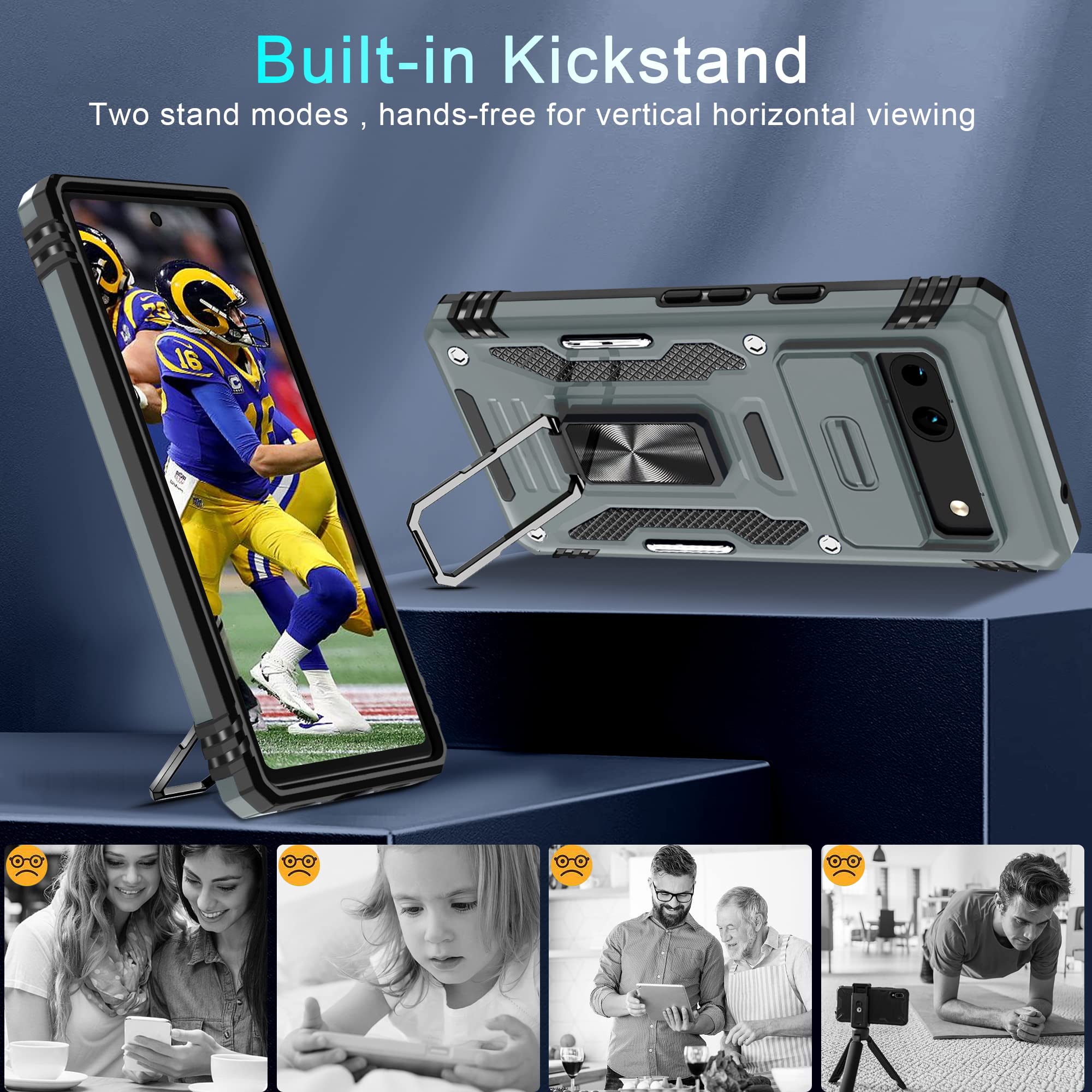 Deerlamn Case For Google Pixel 7A With Slide Camera Cover+Screen Protector (2 Packs), Rotated Ring Kickstand Military Grade Shoc