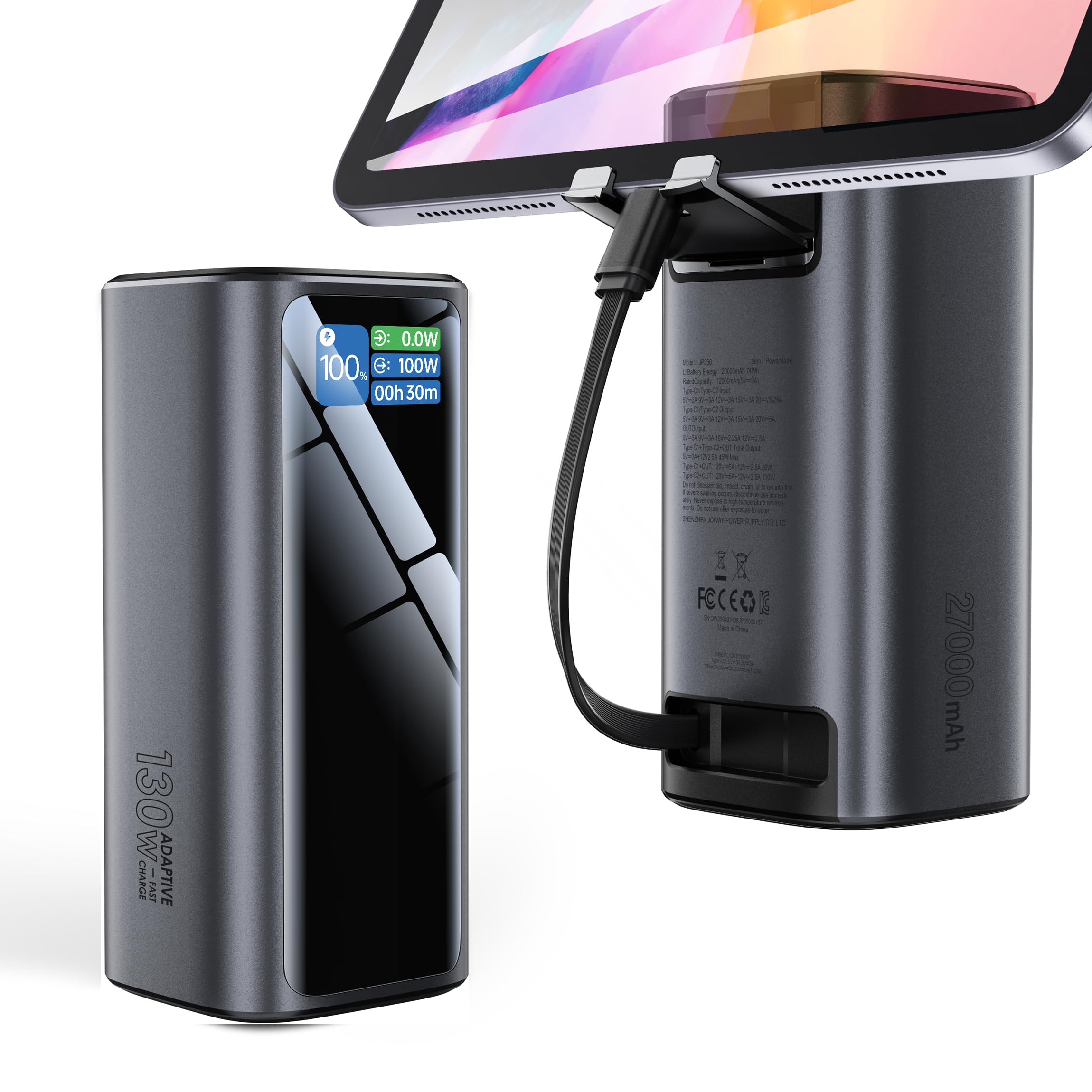 Laptop Power Bank, 130W Portable Charger with Dual Ports & Built-in Retractable Cable, 27000mAh Portable Power Bank with Smart D
