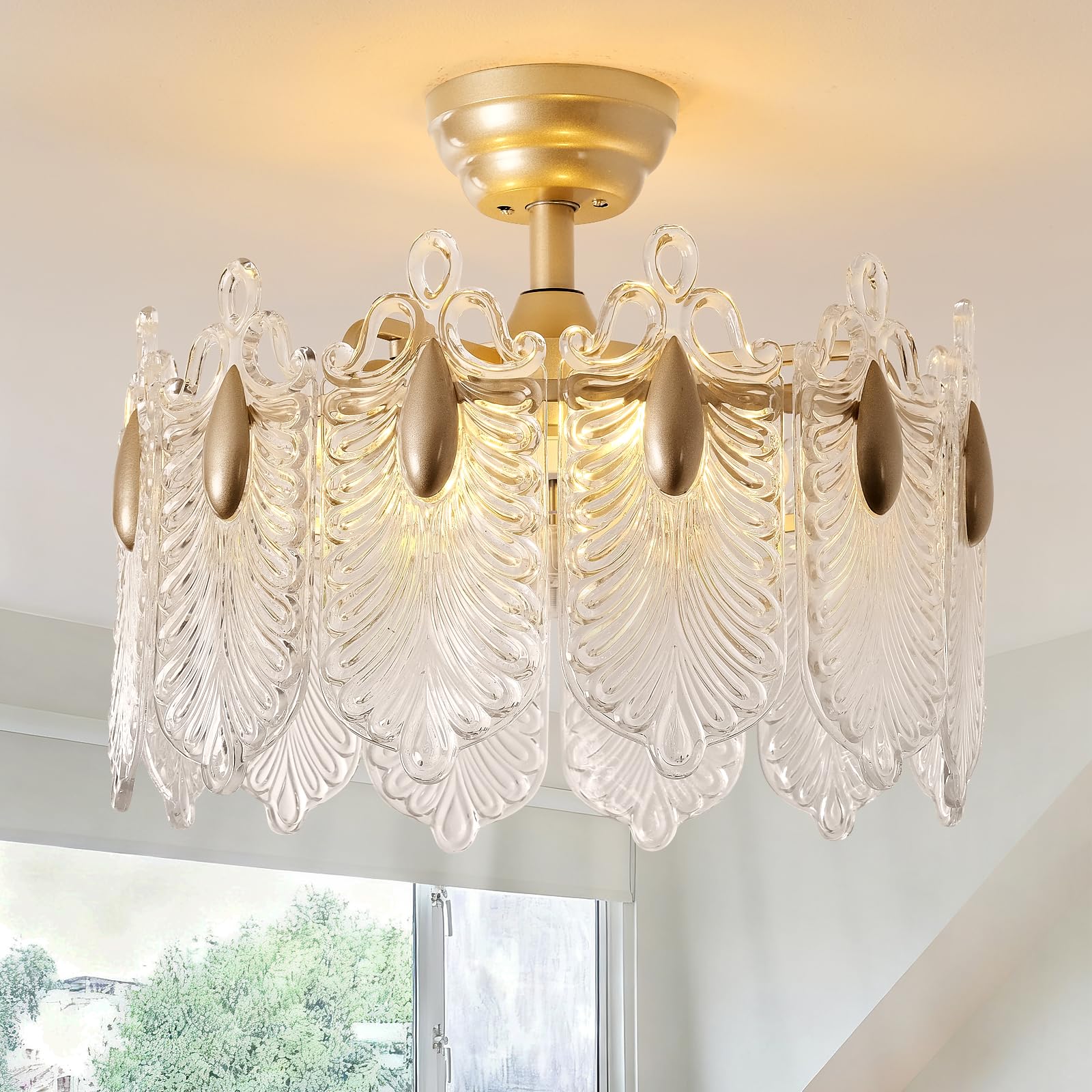 20 Inch Gold Crystal Fandelier Ceiling Fan with Light, Mid Century Gold Fandelier Ceiling Fans with Lights Remote Control, Frenc