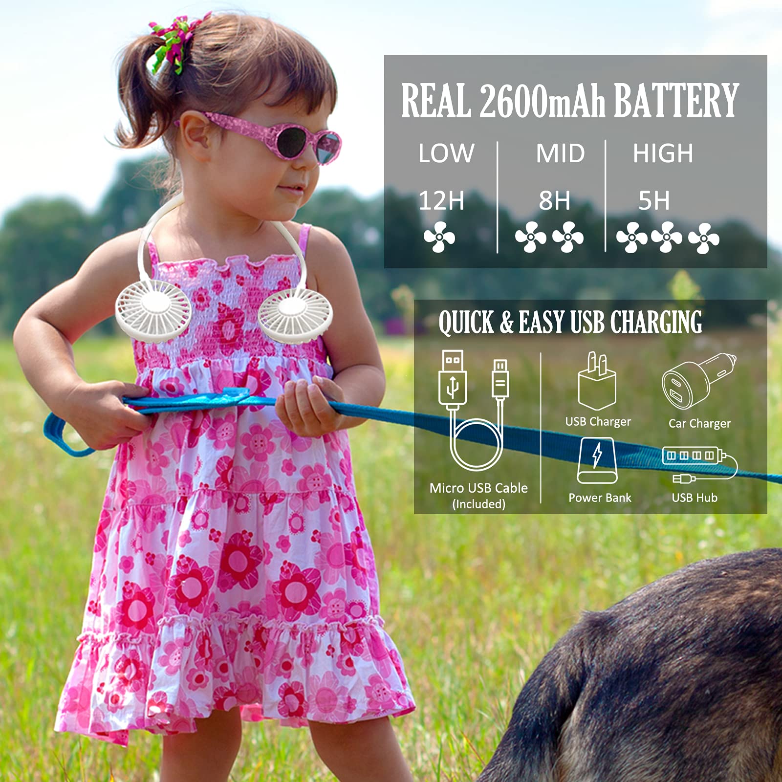 Neck Fan, Rechargeable Battery Operated Portable Fan 2600Mah, Hands Free Personal Fan Hang Around Neck Fans, Wearable Small Fan