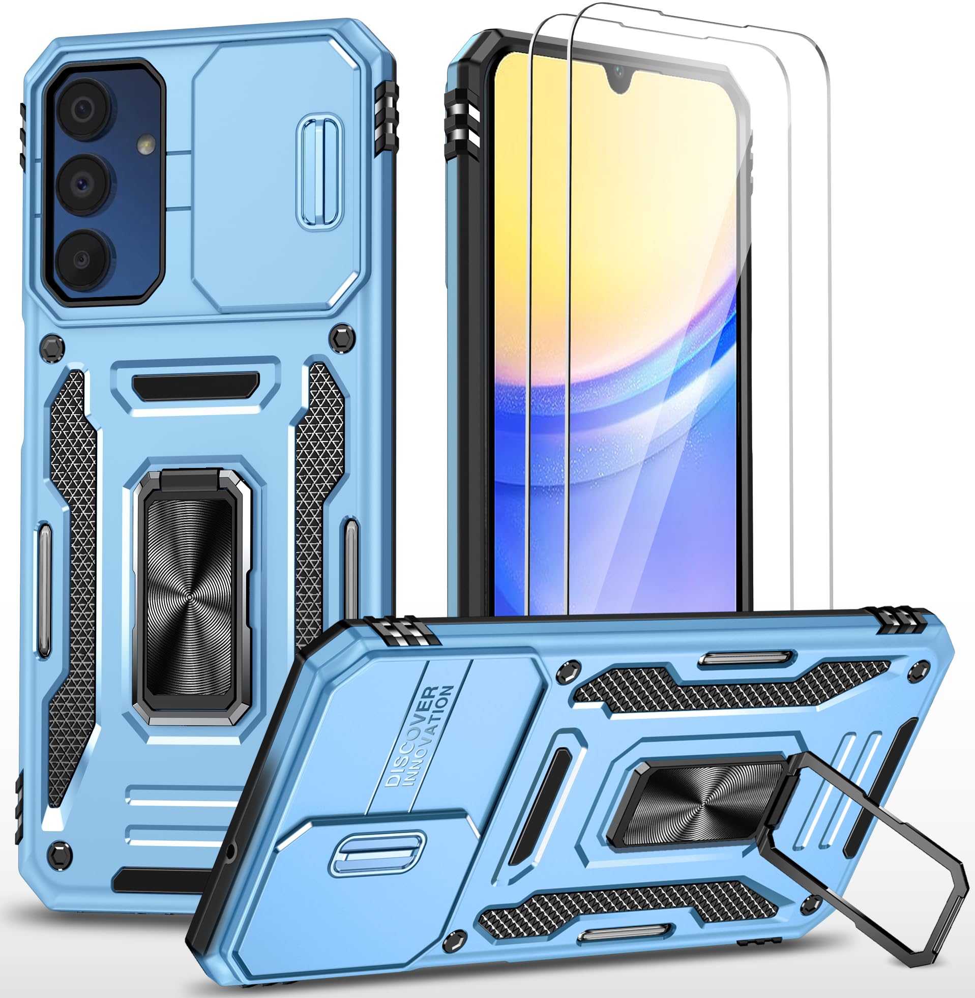 Samsung Galaxy A15 5G Case With Slide Camera Cover + Screen Protector(2 Packs), Rotated Ring Kickstand Military Grade Shockproof