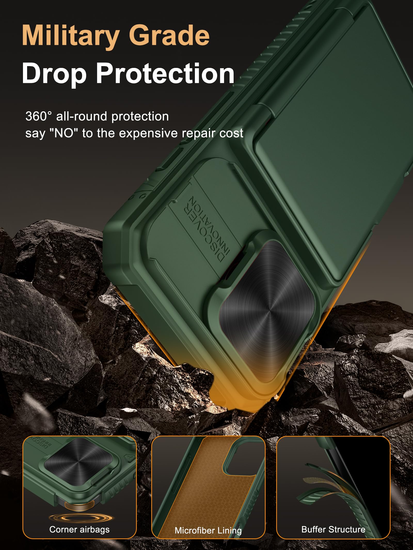 Vihibii For Iphone 16 Pro Case With Card Holder (4 Cards) [Rfid Blocking] & Slide Camera Cover, Military Grade Drop Protection,