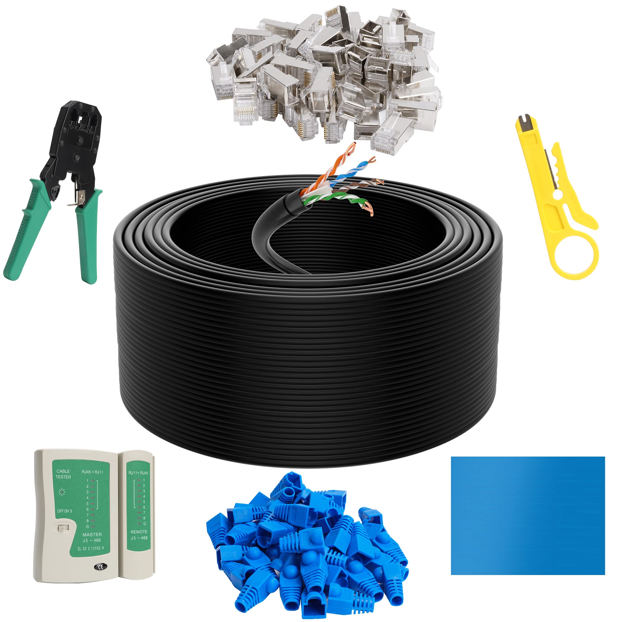 Cat6 Outdoor Ethernet Cable 300 Ft With Tool Kit, Heavy Duty Network Internet Diy Bulk Cord, Support Cat 6 Cat5E Cat5, Utp, Cca,