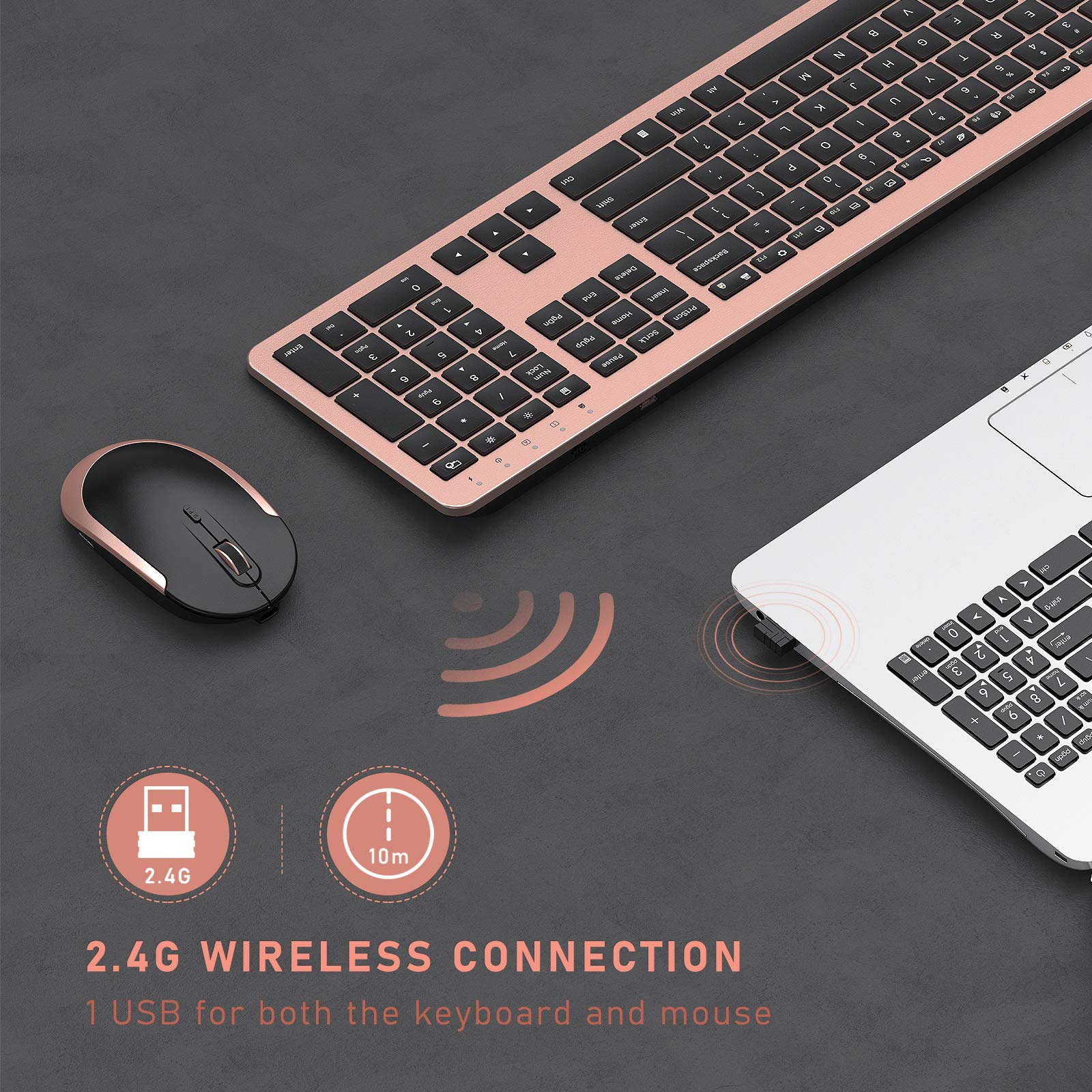 Seenda Rechargeable Wireless Keyboard Mouse Combo Full Size Cordless Keyboard & Mouse Sets With Build In Lithium Battery Ultra Thin Quiet Keyboard Mice (Rose Gold & Black)