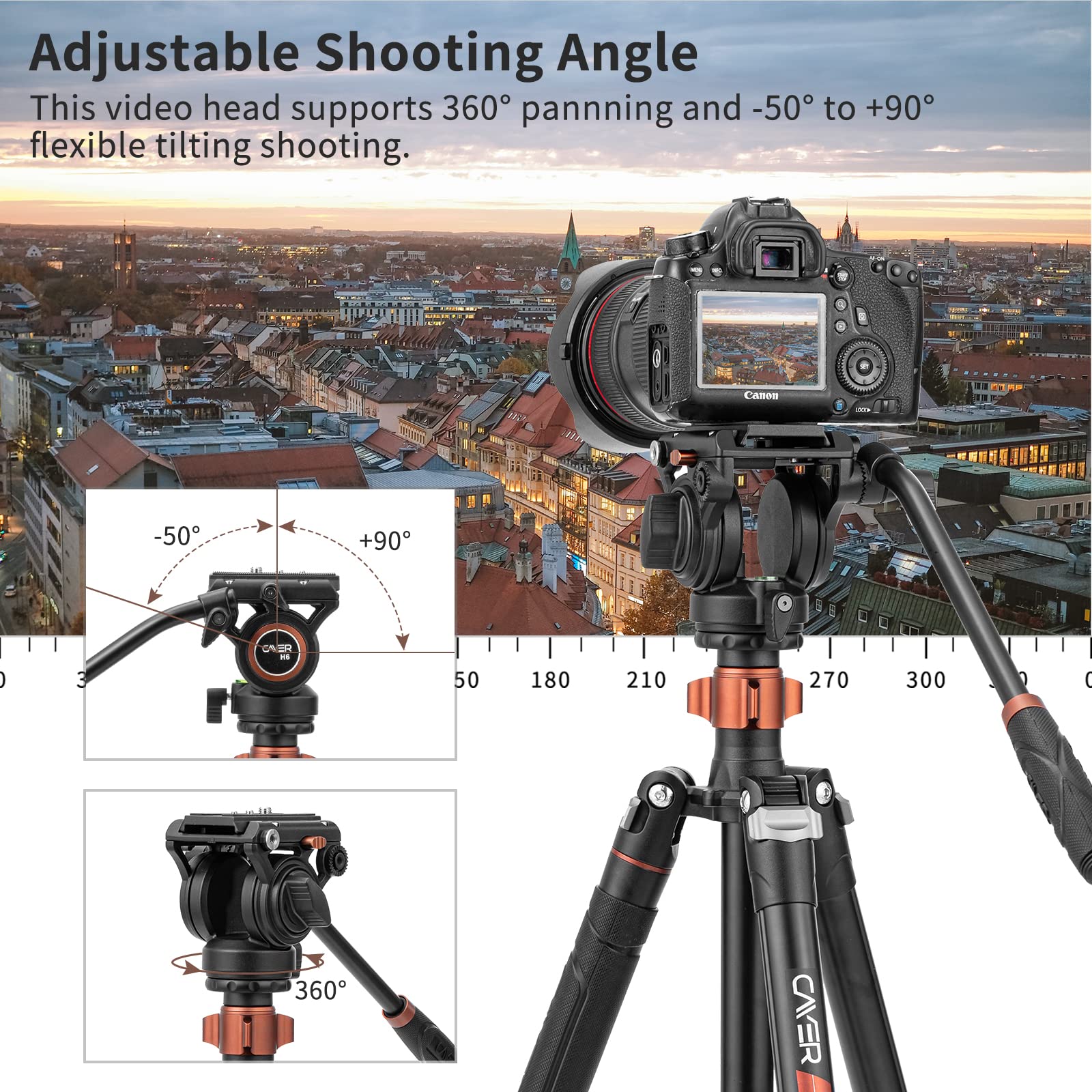 Cayer Fp2450 Fluid Head Tripod, 75 Inches Aluminium Video Tripod, 4 Section Compact Camera Tripod Monopod With Fluid Head For Ds