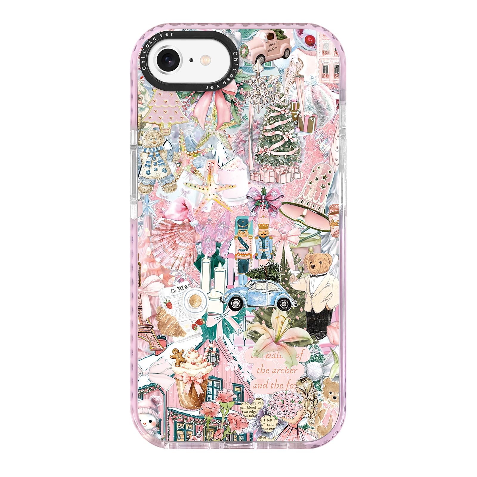 ChiCaseVer for iPhone 7/8/SE Case, Pink Whimsical Christmas Collage Pattern with Ballerinas & Teddy Bears, Festive Soft Slim TPU