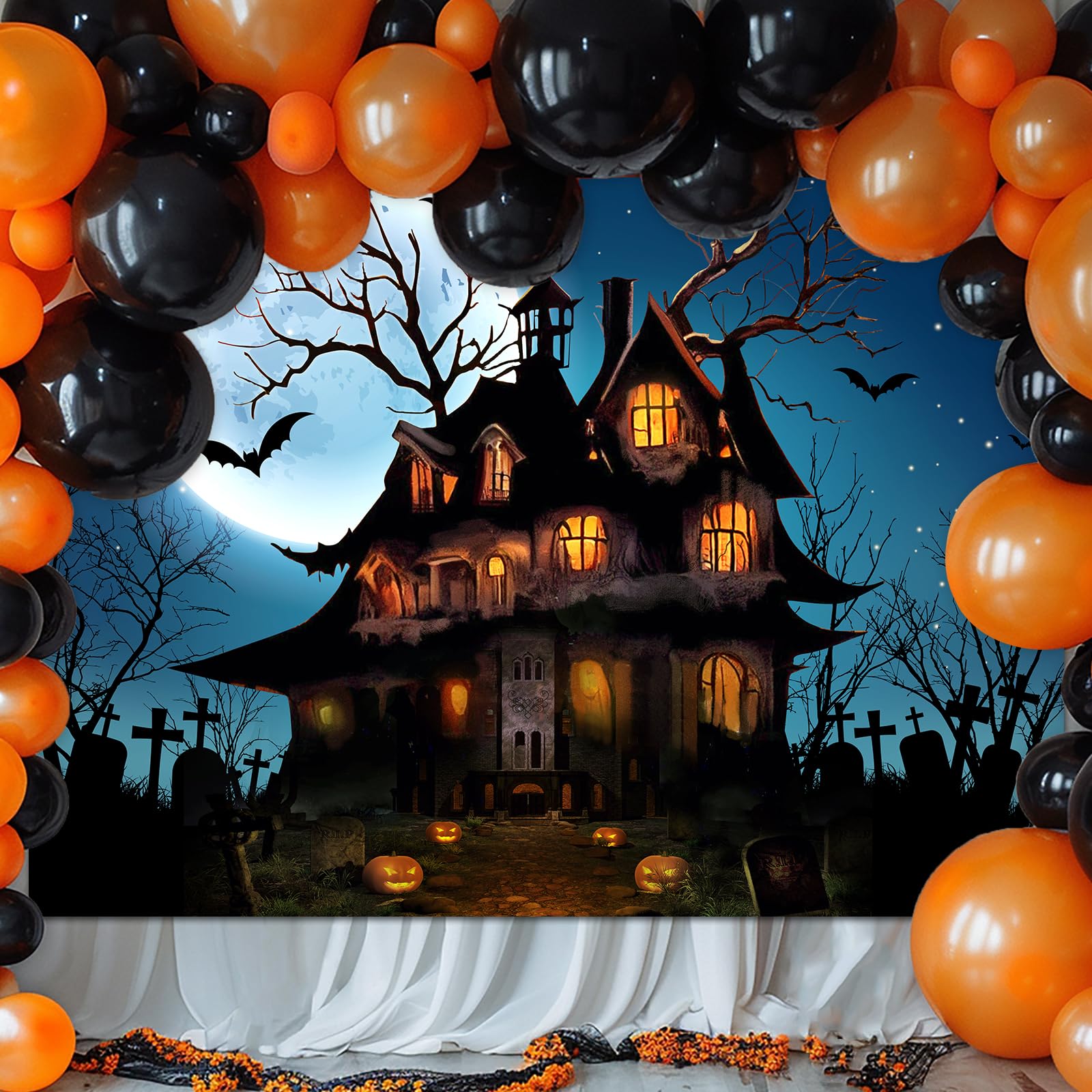 Mocsicka Halloween Backdrop For Photography Blue Night Moon Haunted House Background Spooky Cemetery Hollween Costume Party Deco