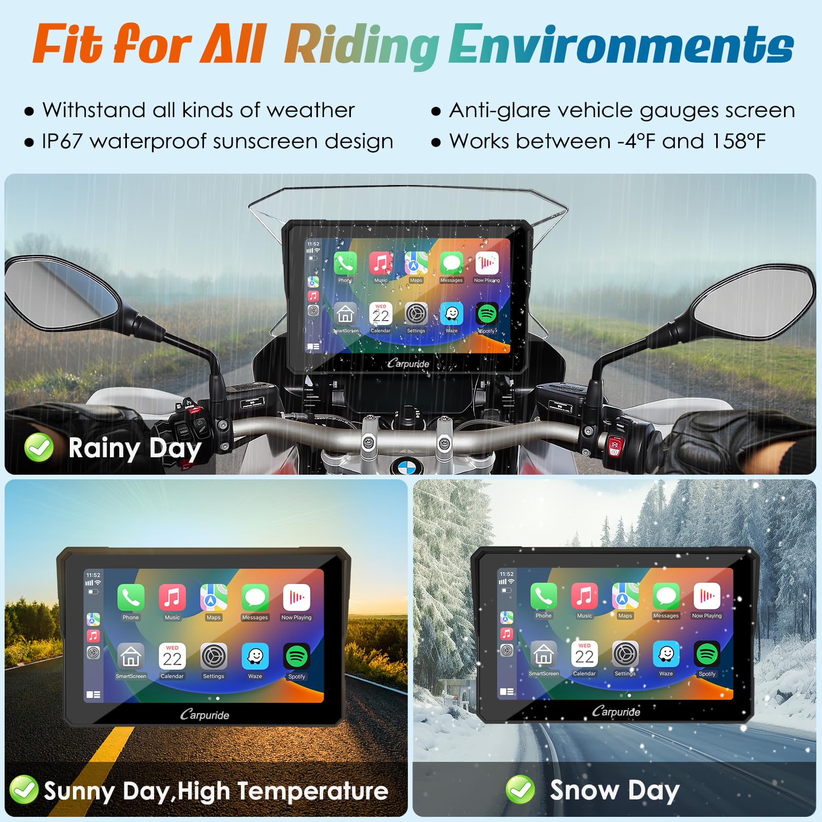 Carpuride W702B Motorcycle Carplay Screen For Bmw R1200Gs R1250Gs S1000Xr Motorcycle, 7 Inch Waterproof Touchscreen, Portable Carplay/Android Auto Gps Navigation For Motorbike, Dual Bluetooth