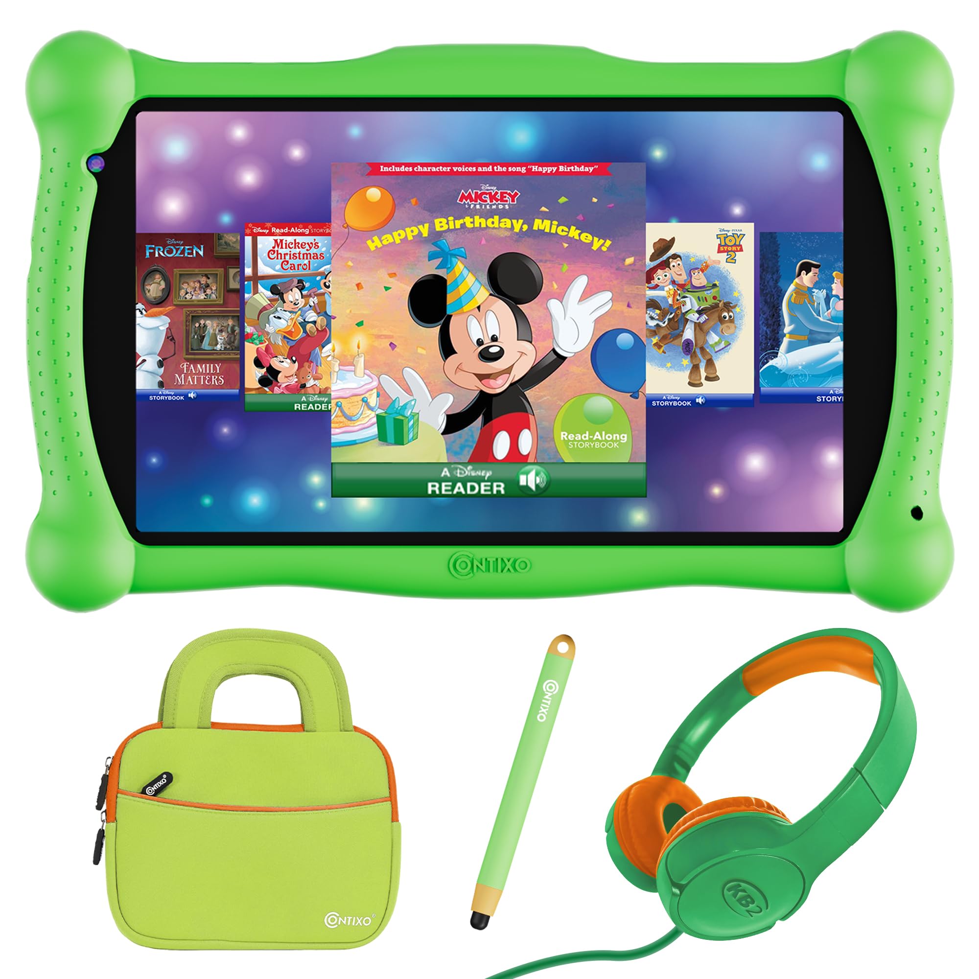 Contixo 7 Inch Disney Kids Learning Tablet, Wifi, Bluetooth, Kids Wired Headphone, Stylus And Tablet Bag Bundle With 15 Teacher Approved Apps And Parent Control   Green Set