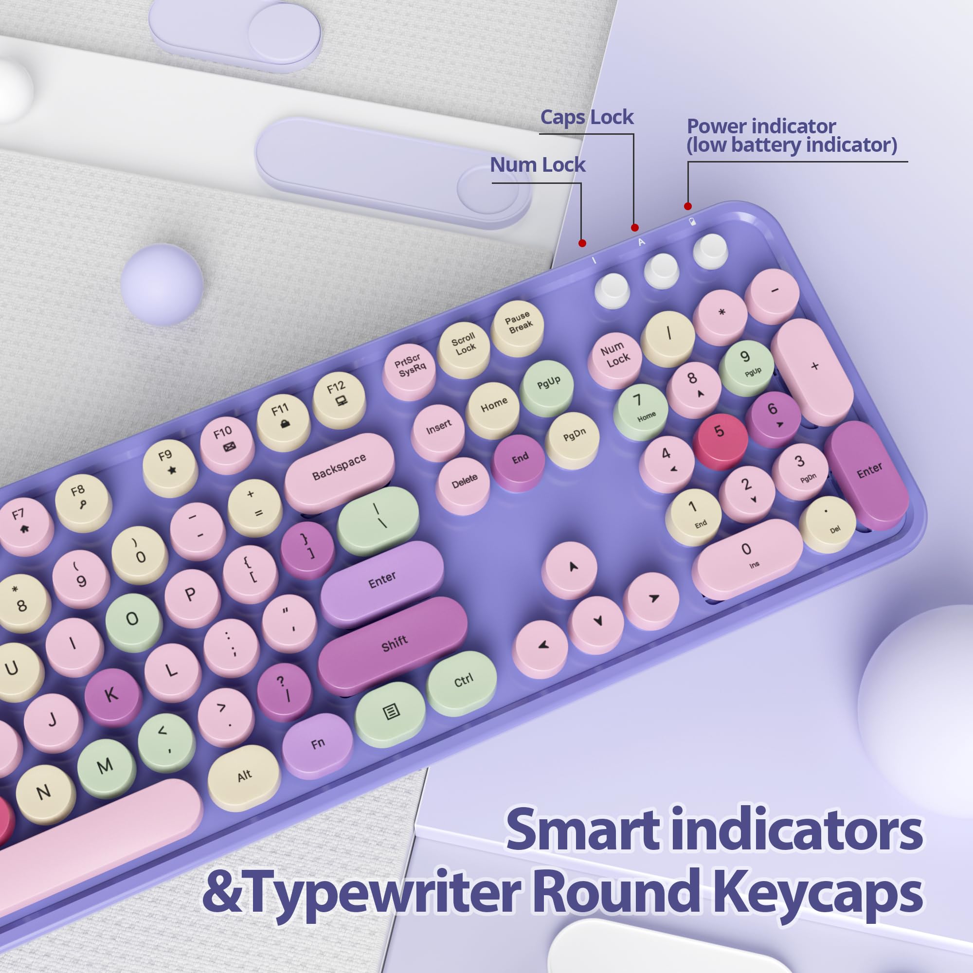 Fogruaden Purple Keyboard And Mouse Wireless, Retro Typewriter Keyboard, 2.4Ghz 104 Keys Full Size Cute Keyboard With Number Pad