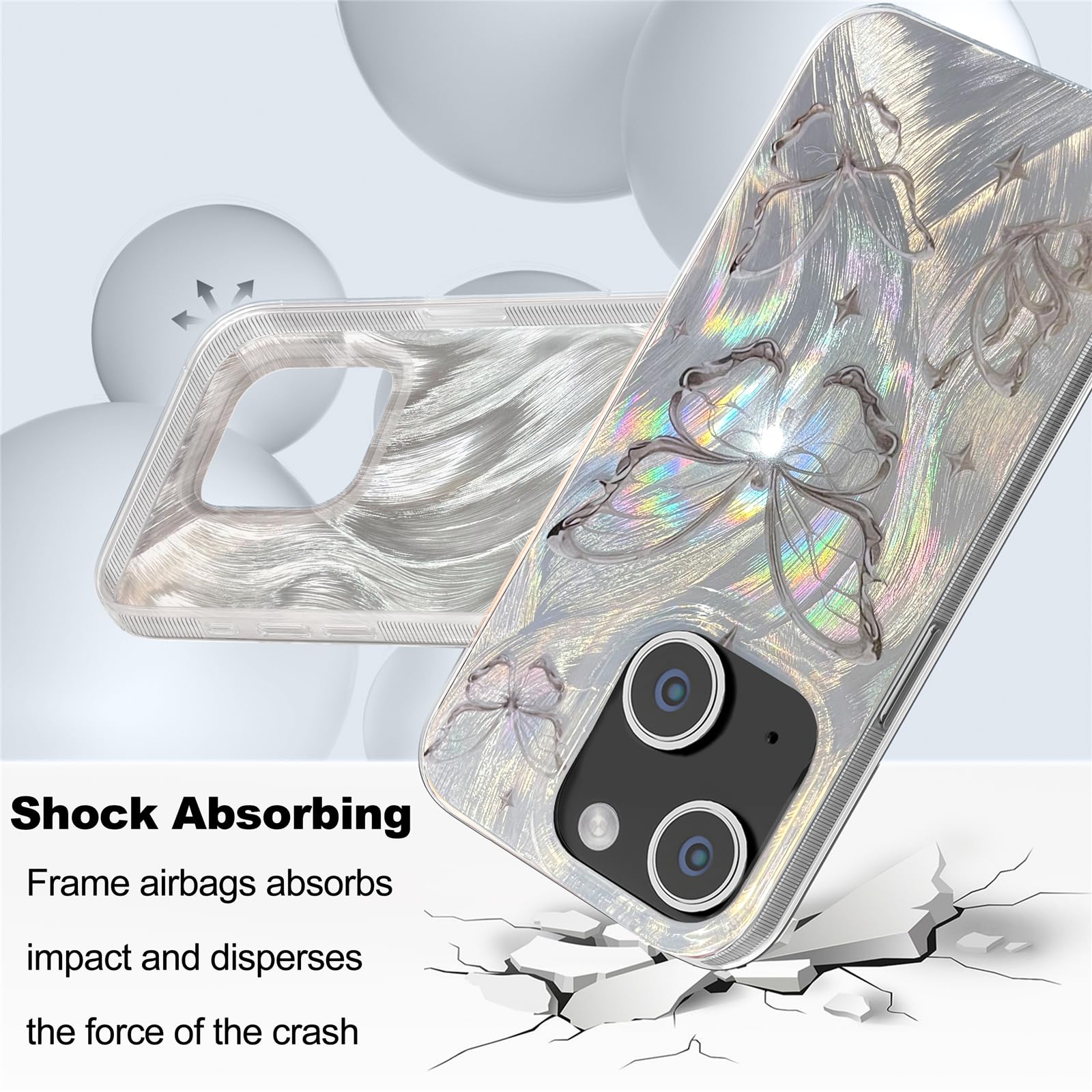 I Mgae In Ar Compact Case For Iphone 15 Plus Shiny Silver Butterfly Design,Cute Trendy Soft Slim Tpu Shockproof Protective Phone