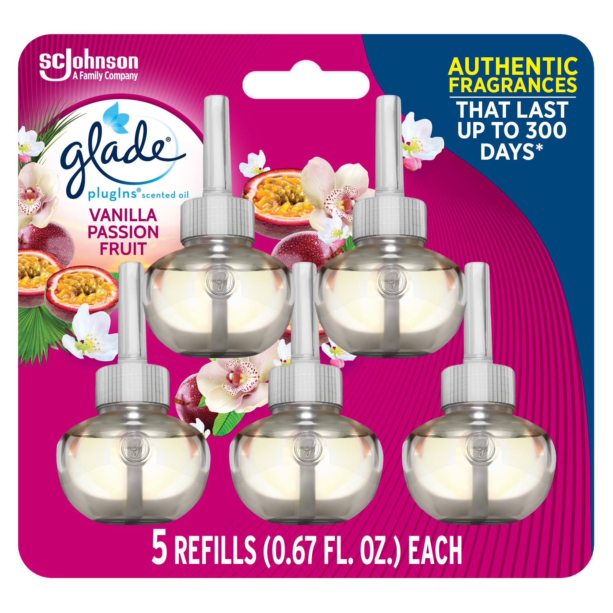 Glade Plugins Refills Air Freshener, Scented And Essential Oils For Home And Bathroom, Vanilla Passion Fruit, 3.35 Fl Oz, 5 Coun