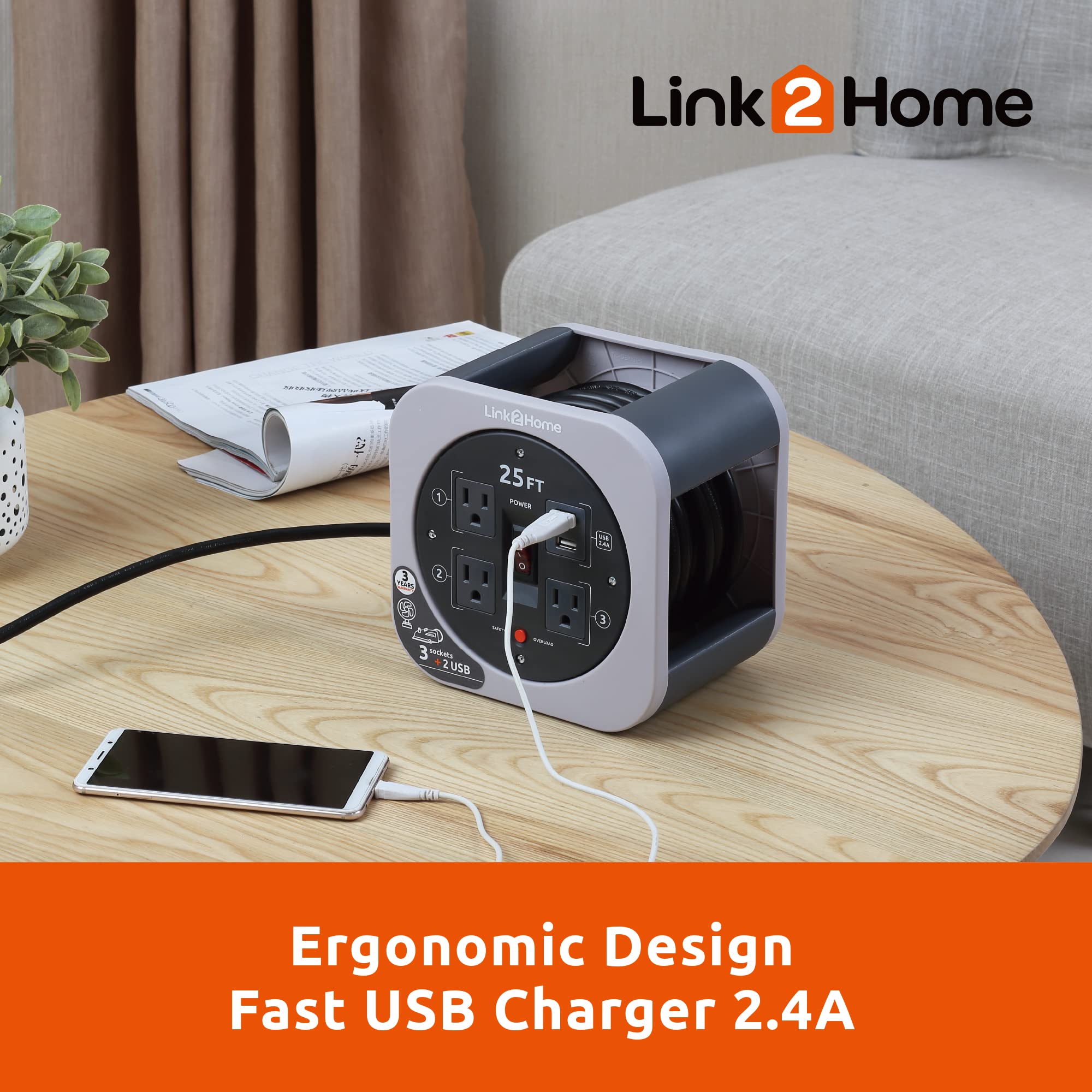 Link2Home 25 Ft. 16/3 Extension Cord Storage Reel With 3 Grounded Outlets 2 Usb 3.4 Amp And Overload Reset Button Em-El-275G