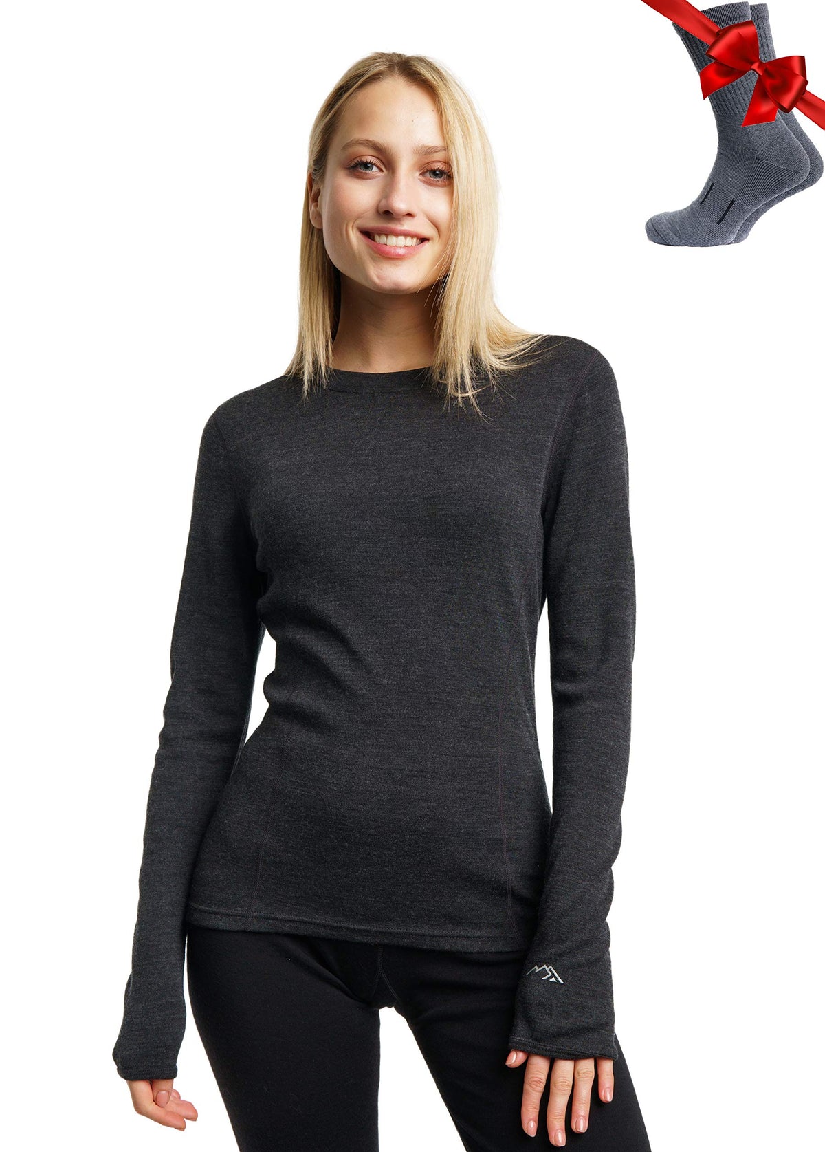 Merinotech Merino Wool Base Layer Women 100 Merino Wool Midweight Long Sleeve Thermal Shirts  Wool Socks (X Large, Charcoal Grey