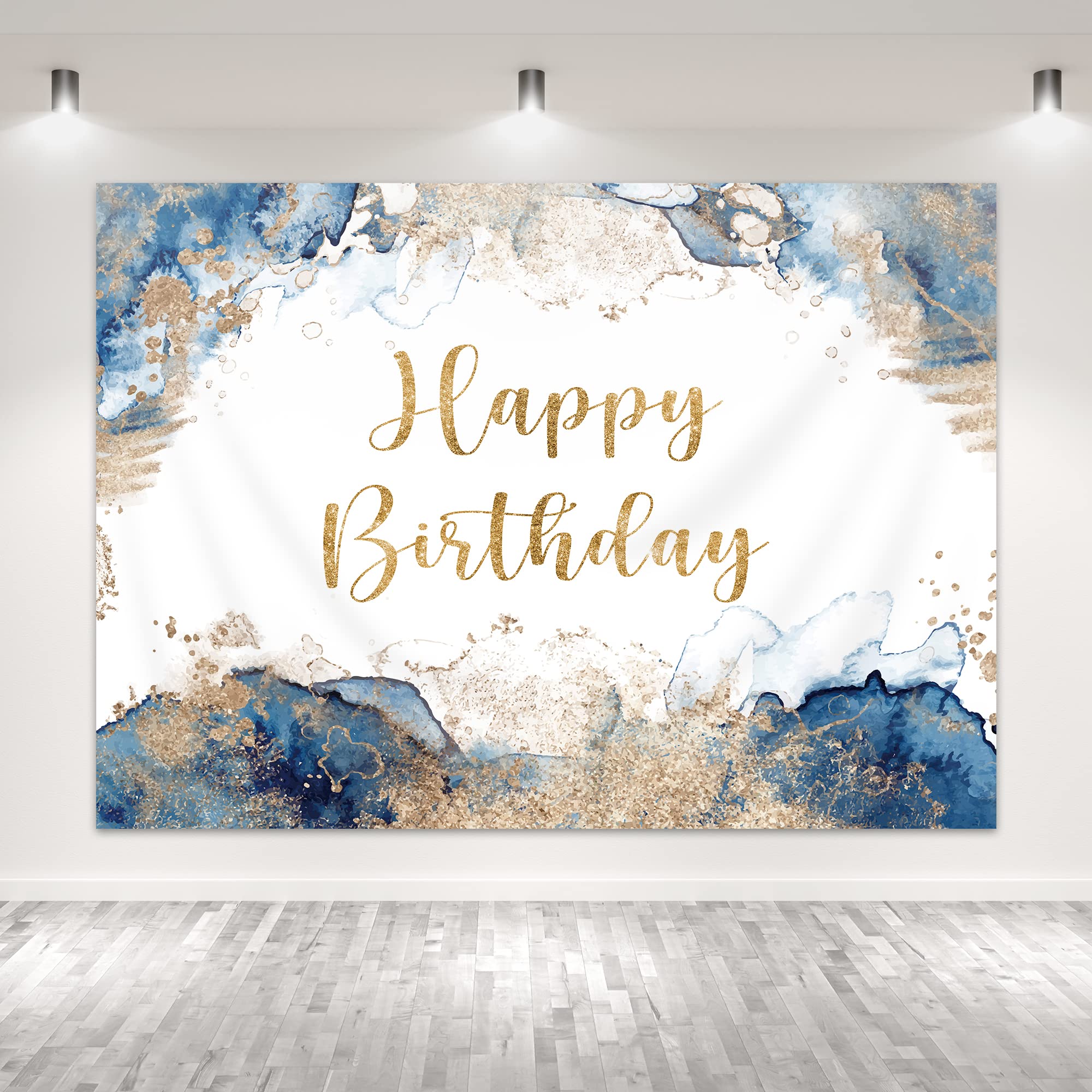 Glawry Blue Happy Birthday Backdrop Men Banner 7Wx5H Feet Abstract Watercolor Navy Golden Dots Ink Sparkle Girl Boy Women Party