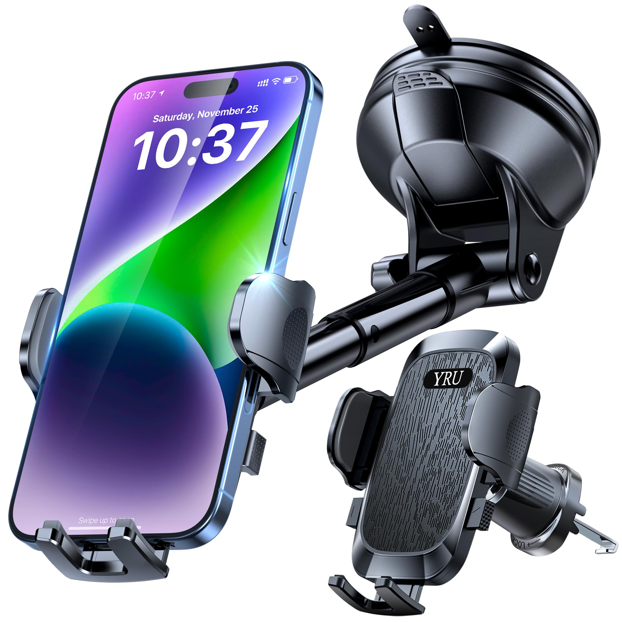 ?True Military-Grade?Yru Car Phone Holder?Upgraded Strongest & Rotatable Suction Cup?Cell Phone Mount For Dashboard Windshield, 