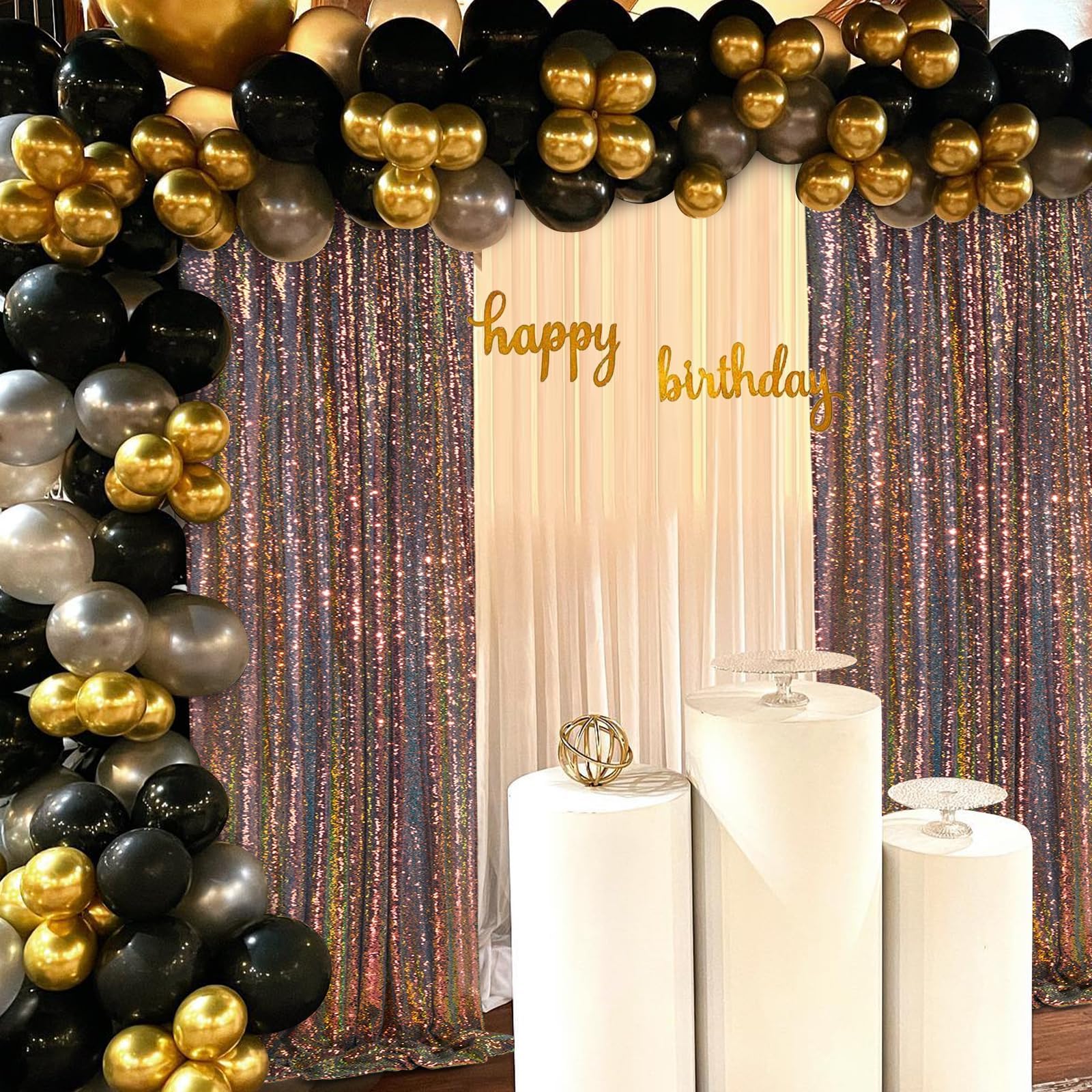 Soardream Black Gold Sequin Backdrop 6 Pcs 2Ftx8Ft Sparkly Glitter Birthday Party Cake Table Background Draping Fabric
